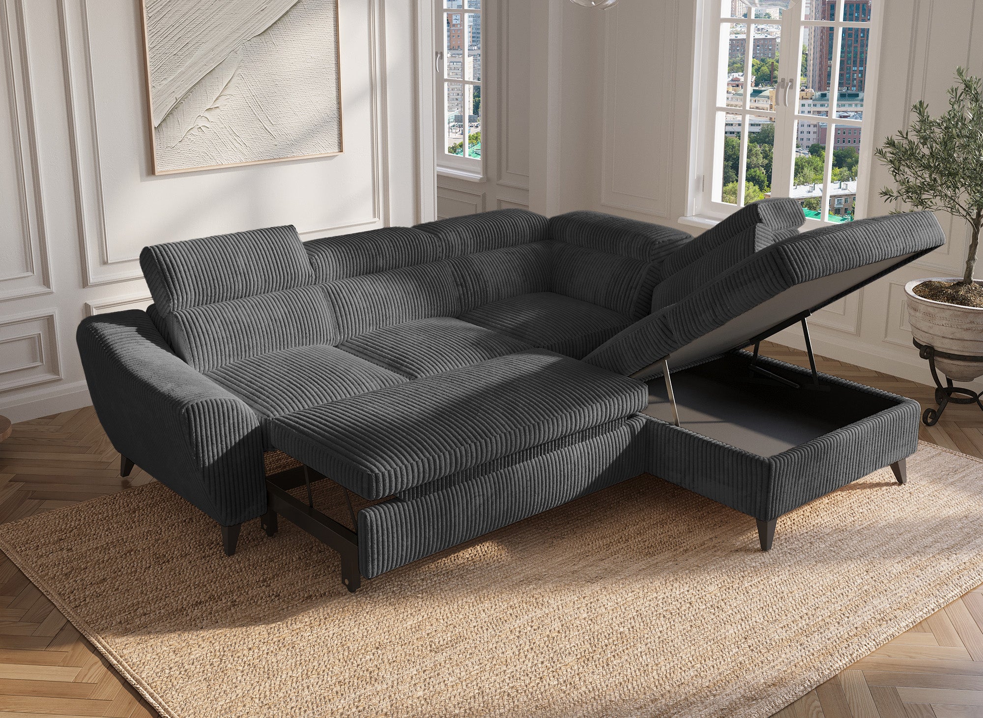 Canapé d'angle convertible avec coffre en velours côtelé épais gris DALTON - Angle droit