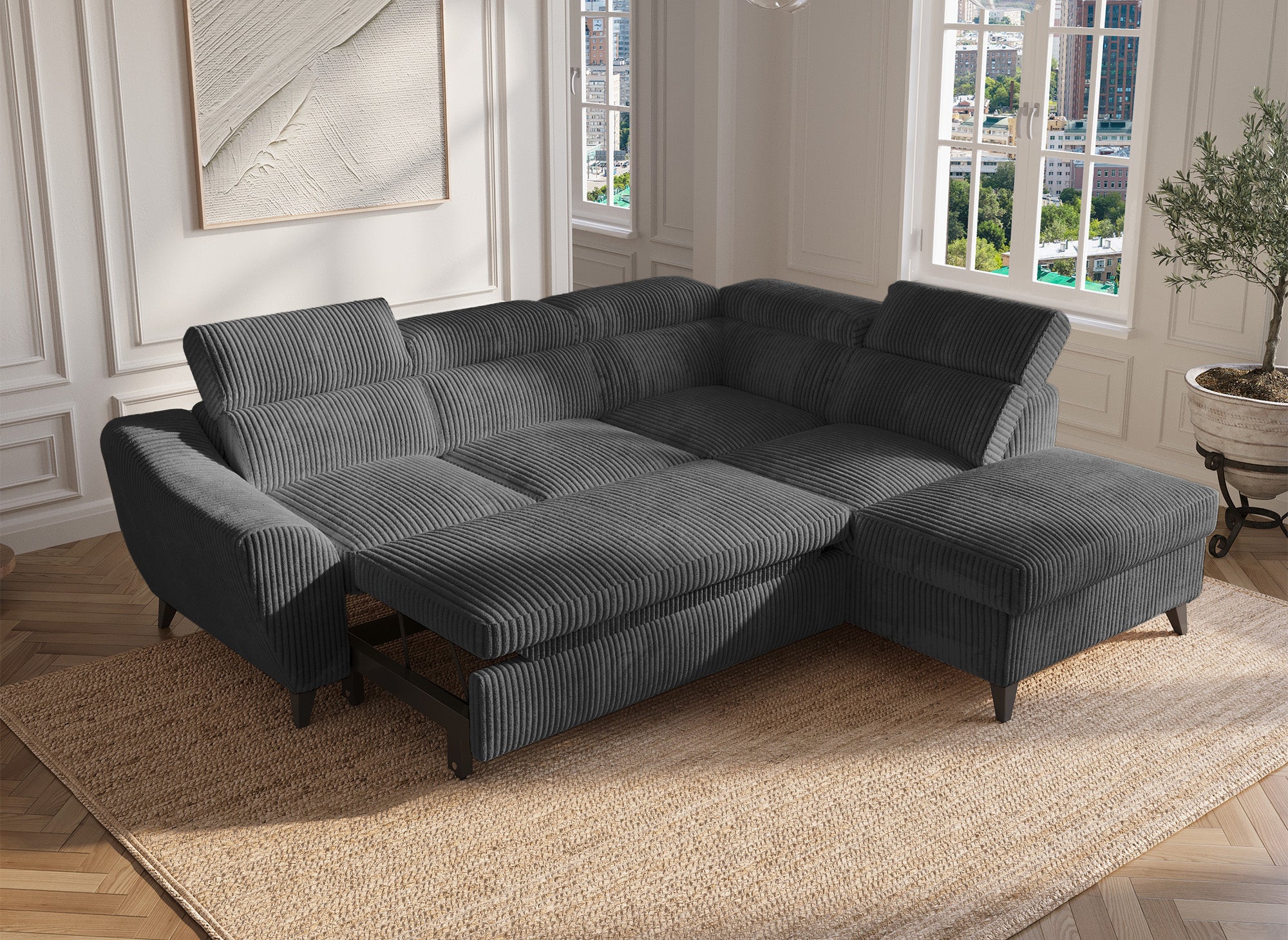 Canapé d'angle convertible avec coffre en velours côtelé épais gris DALTON - Angle droit