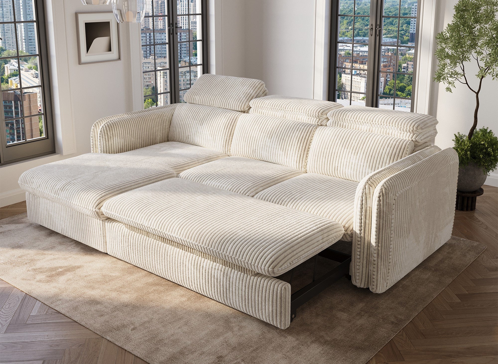 Canapé d'angle convertible en velours côtelé épais beige ISABELLA - Angle gauche