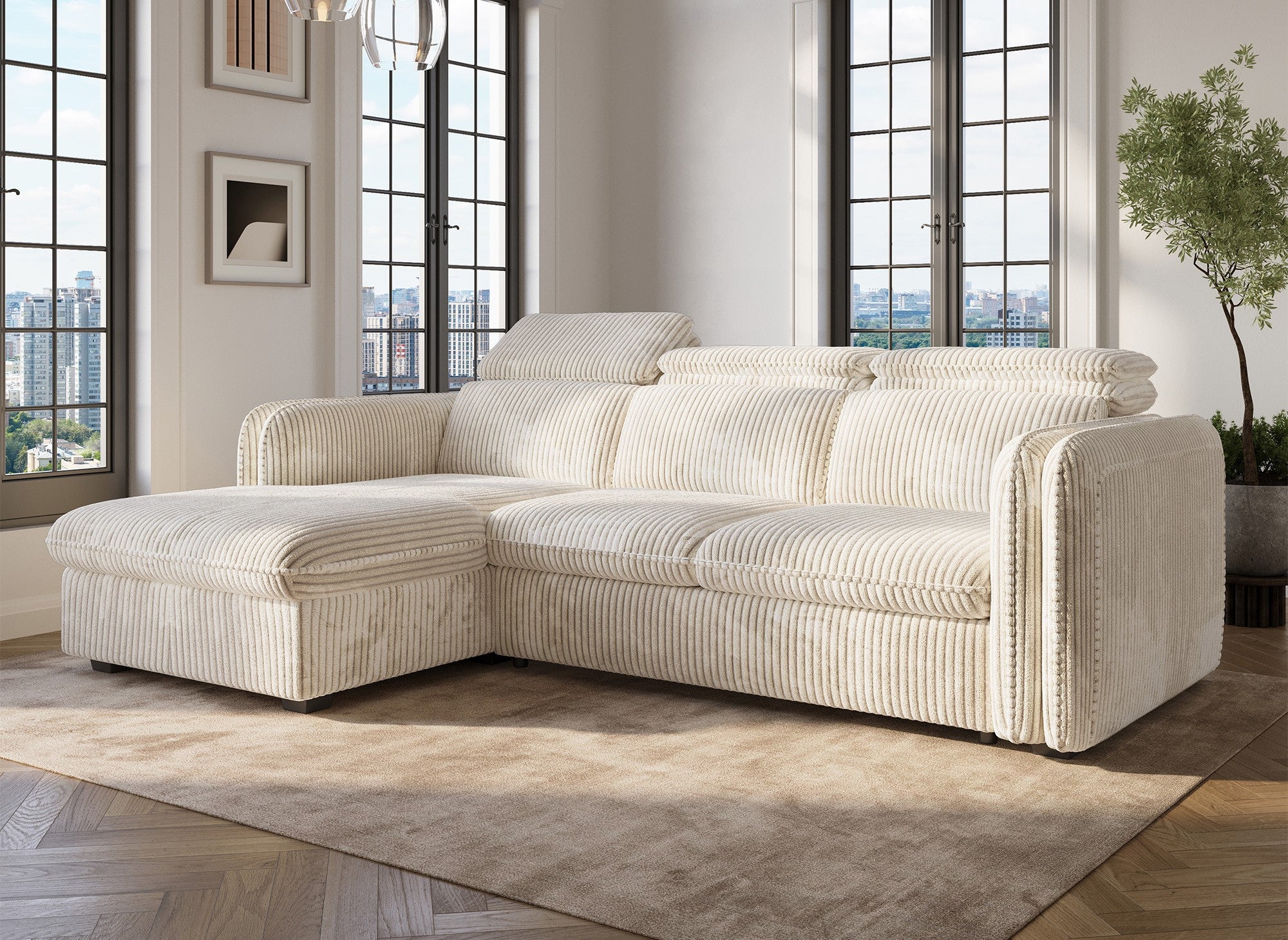 Canapé d'angle convertible en velours côtelé épais beige ISABELLA - Angle gauche