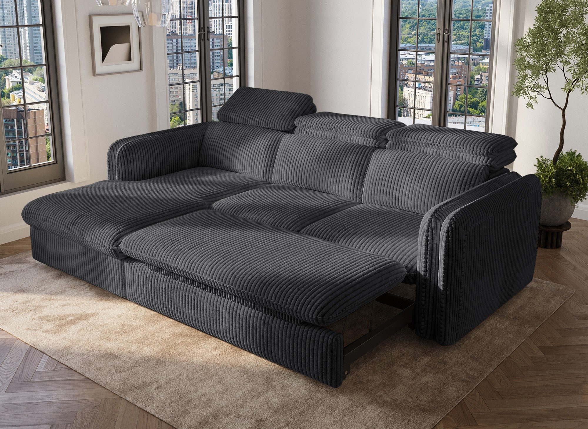 Canapé d'angle convertible en velours côtelé épais gris ISABELLA - Angle gauche