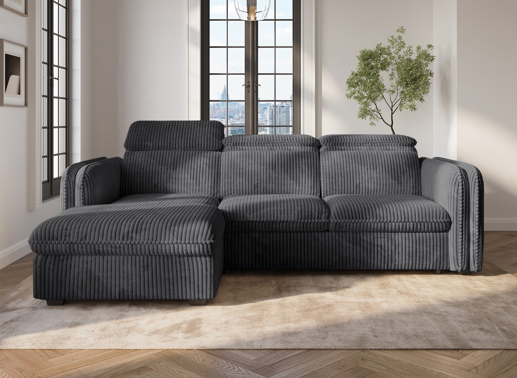 Canapé d'angle convertible en velours côtelé épais gris ISABELLA - Angle gauche