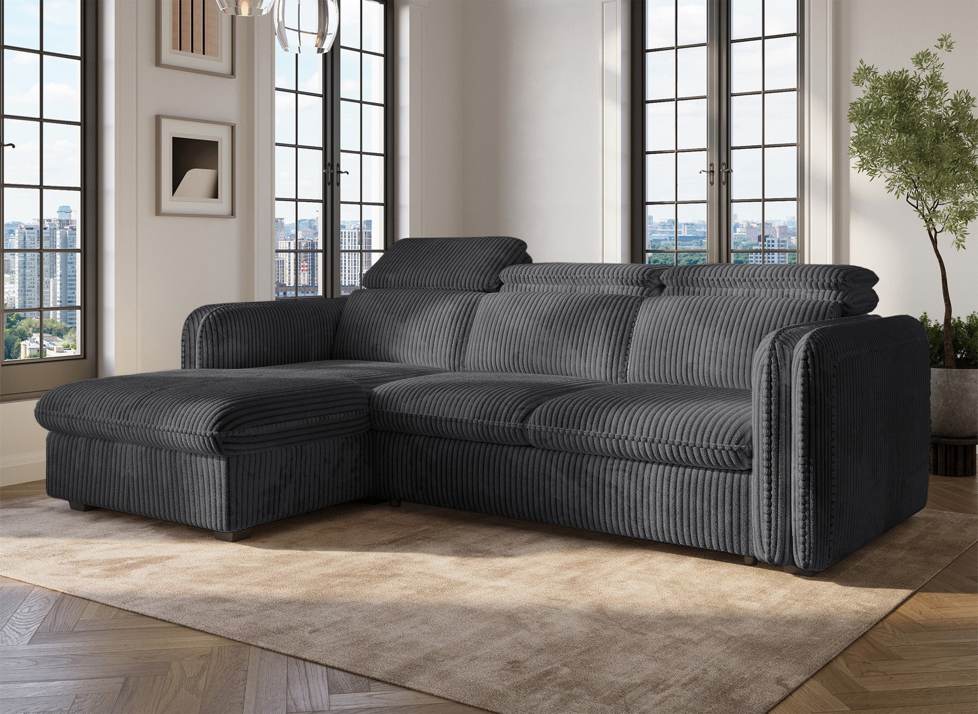 Canapé d'angle convertible en velours côtelé épais gris ISABELLA - Angle gauche