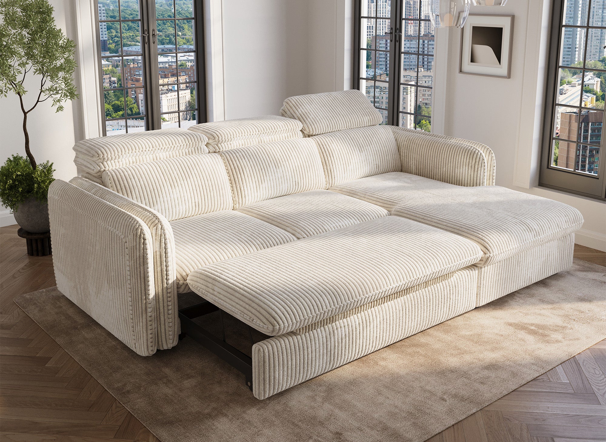 Canapé d'angle convertible en velours côtelé épais beige ISABELLA - Angle droit