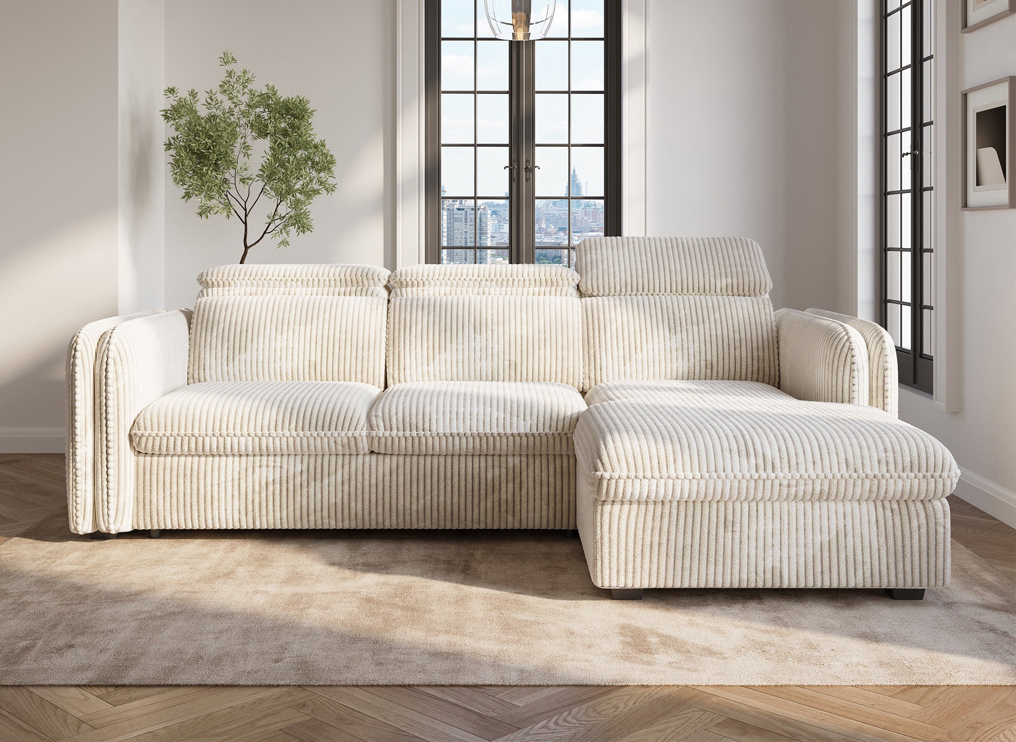 Canapé d'angle convertible en velours côtelé épais beige ISABELLA - Angle droit