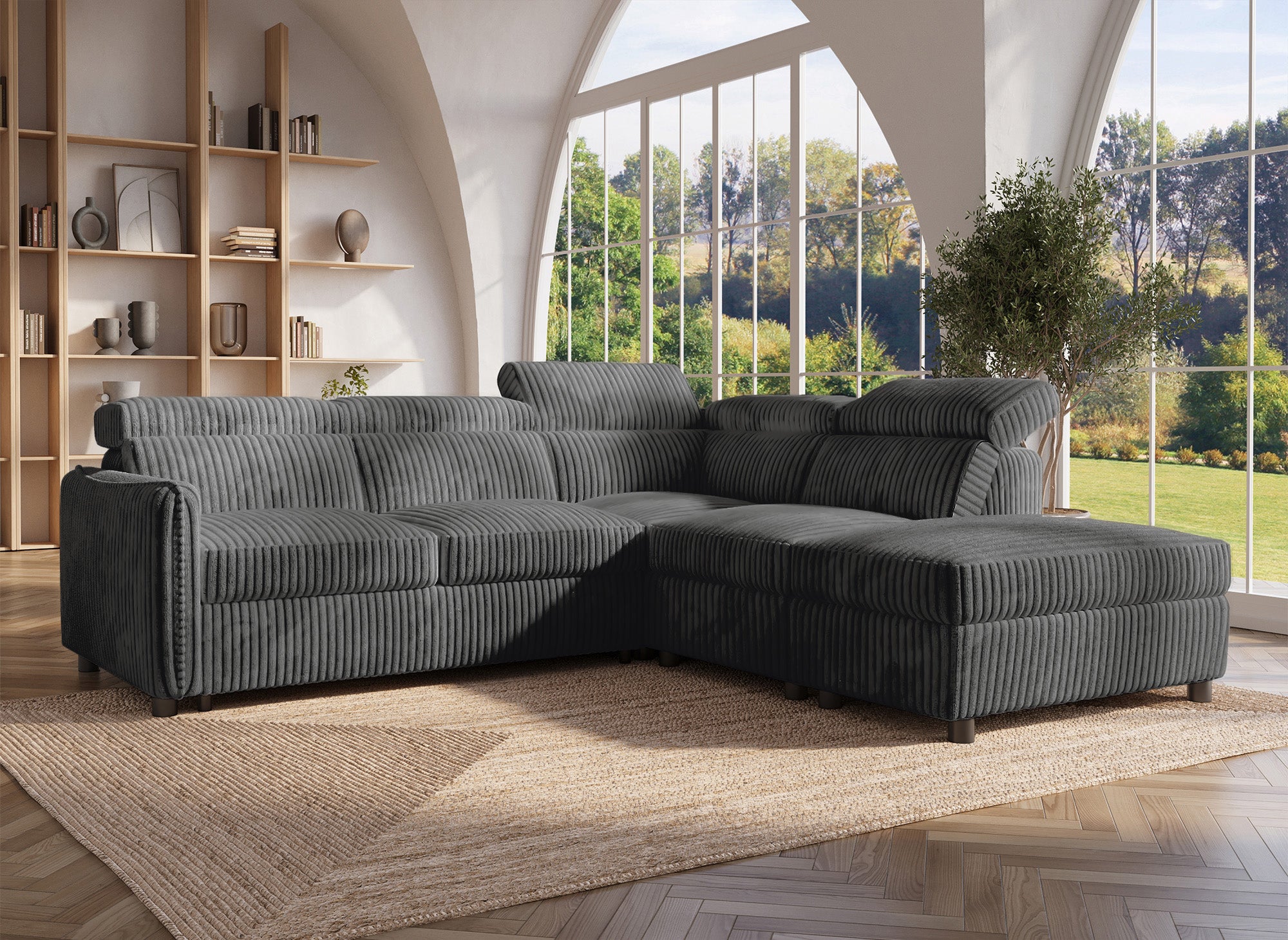 Canapé d'angle convertible en velours côtelé épais gris NAIROBI - Angle droit