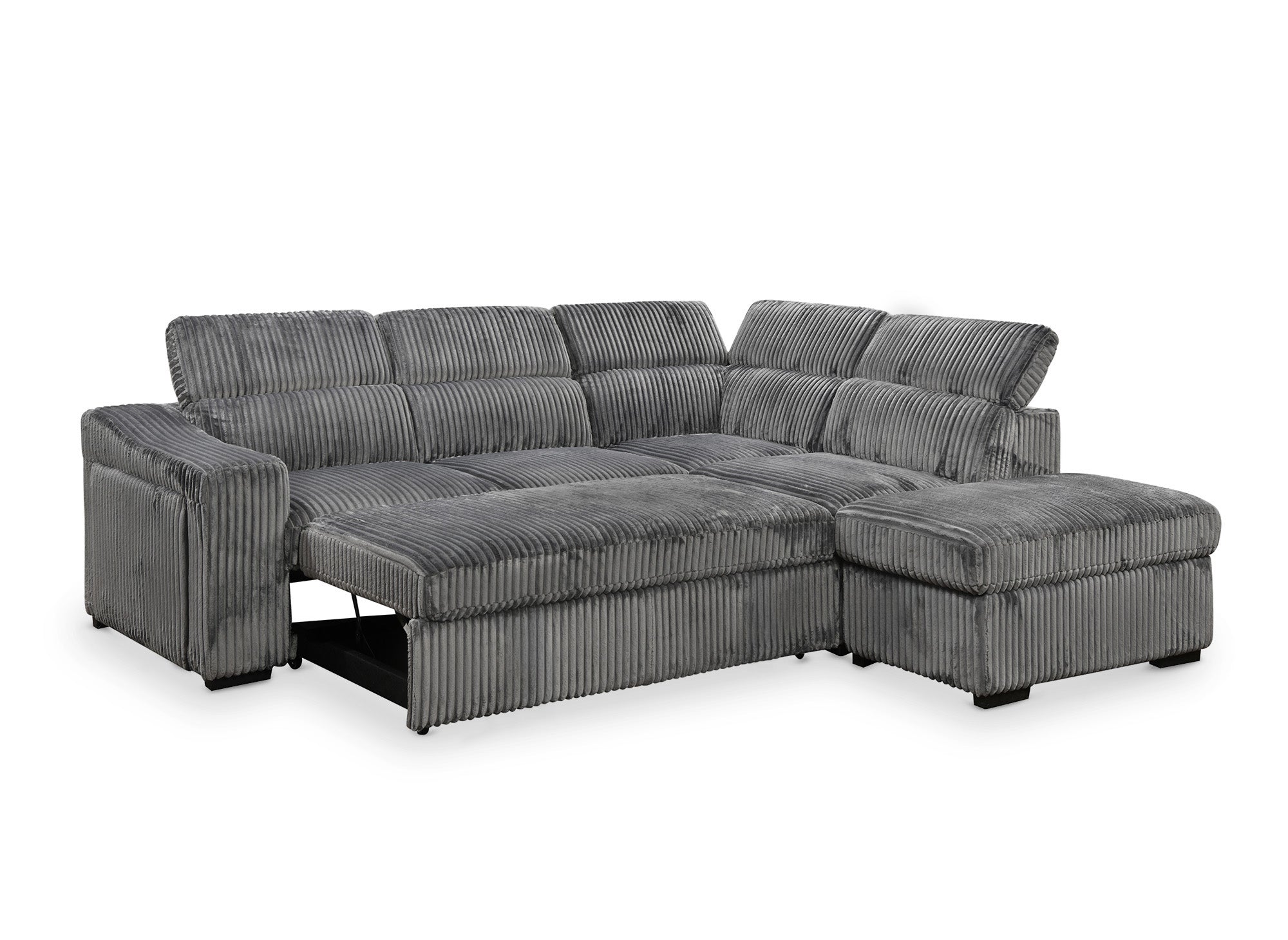 Canapé d'angle convertible avec coffre en velours côtelé gris MARTY - Angle droit