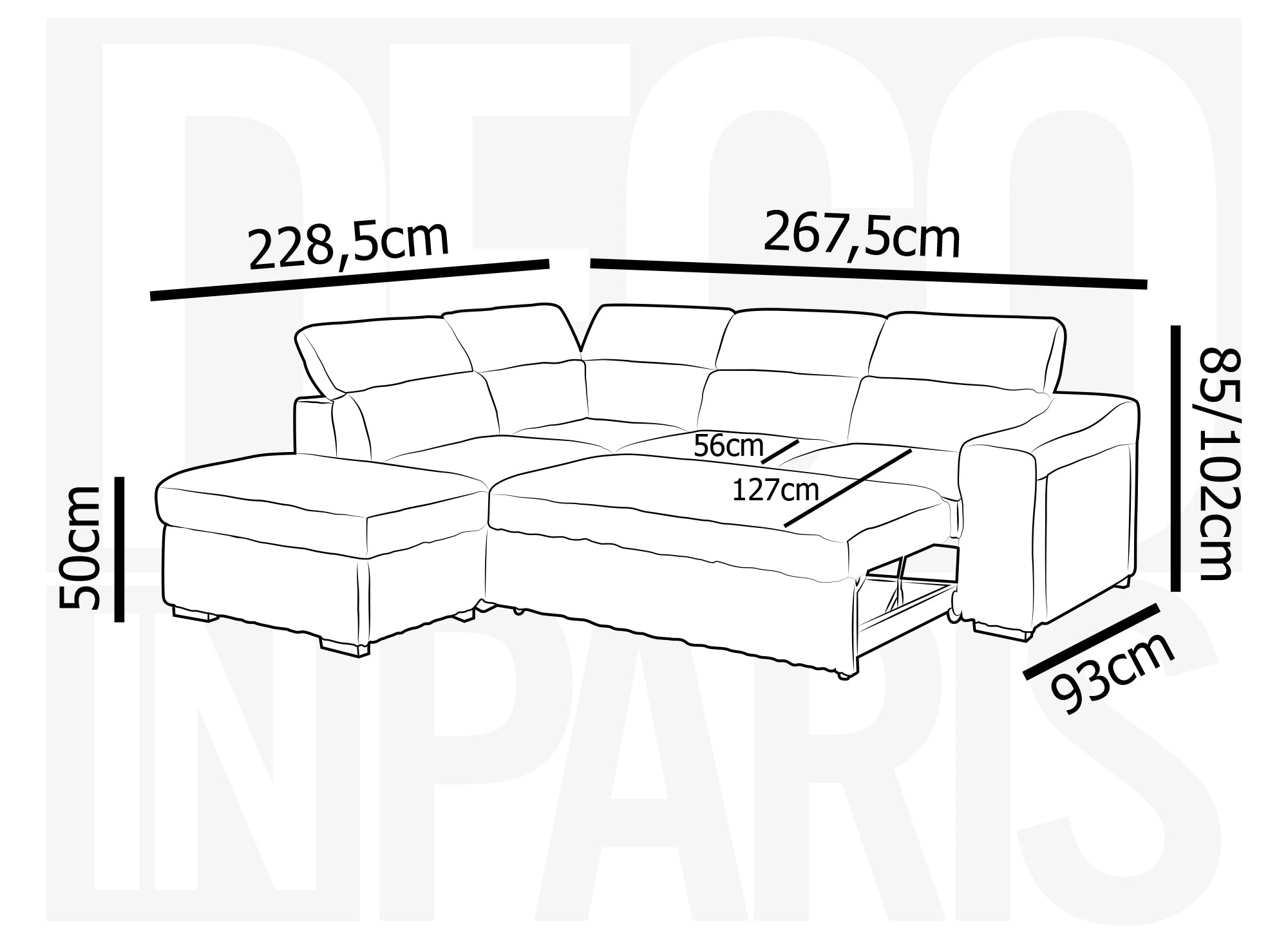 Canapé d'angle convertible avec coffre en velours côtelé gris MARTY - Angle gauche