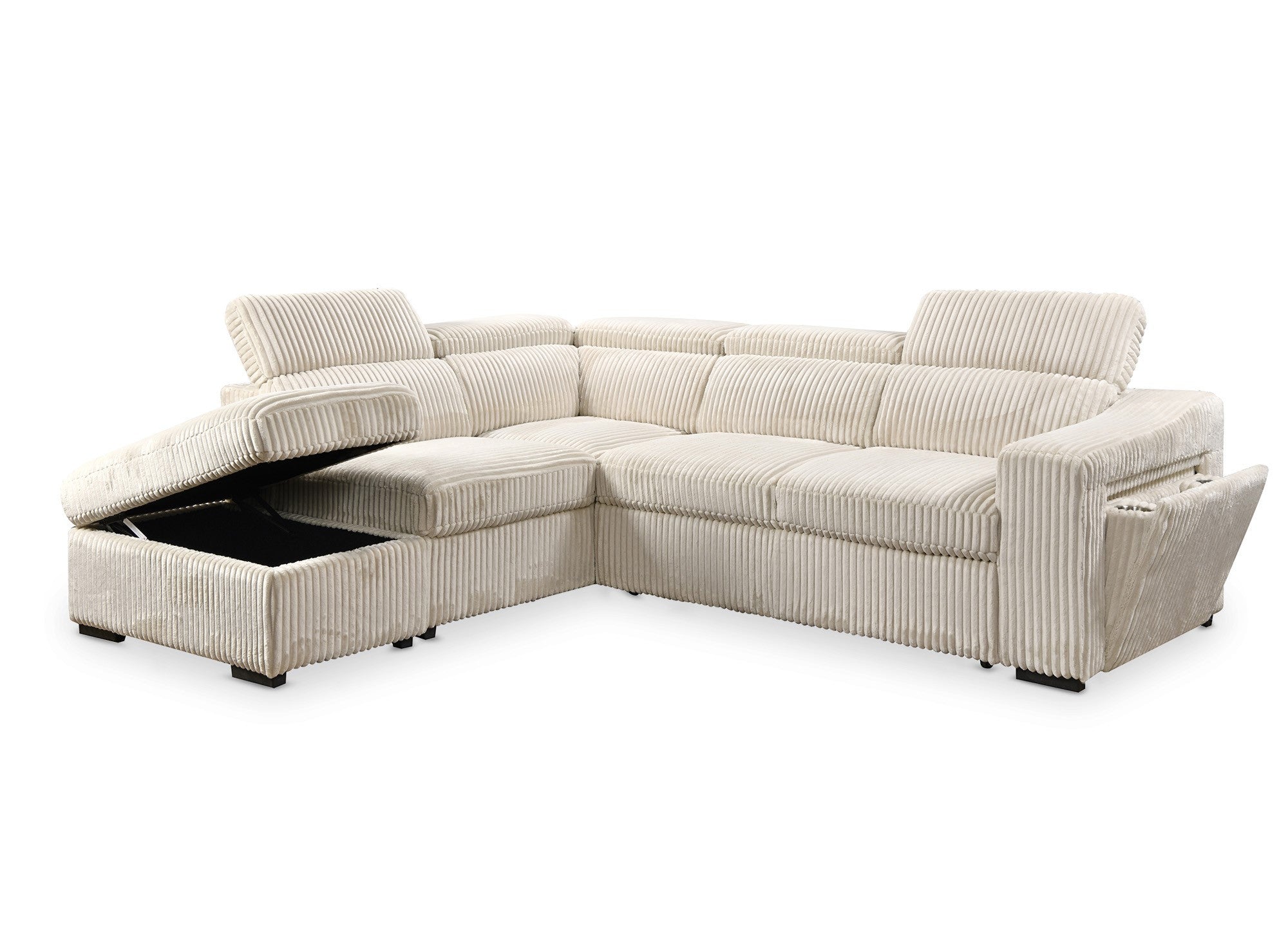 Canapé d'angle convertible avec coffre en velours beige côtelé MARTY - Angle gauche