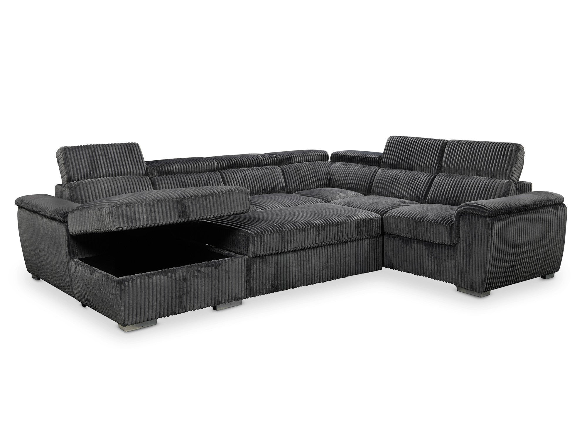 Canapé panoramique convertible avec coffre en velours côtelé épais gris GAELLE - Angle Gauche