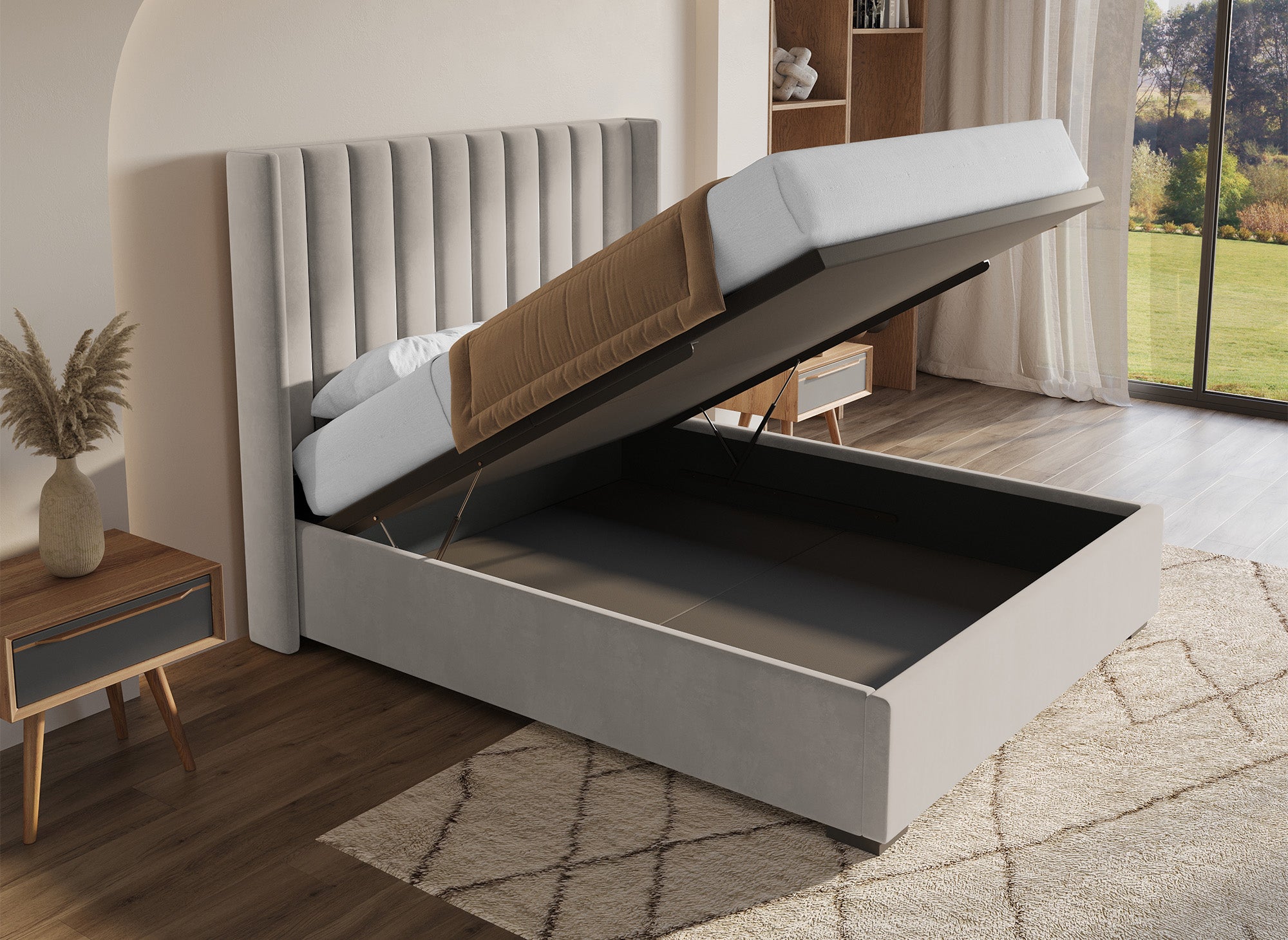 Lit coffre en velours taupe 160x200 cm ALENA