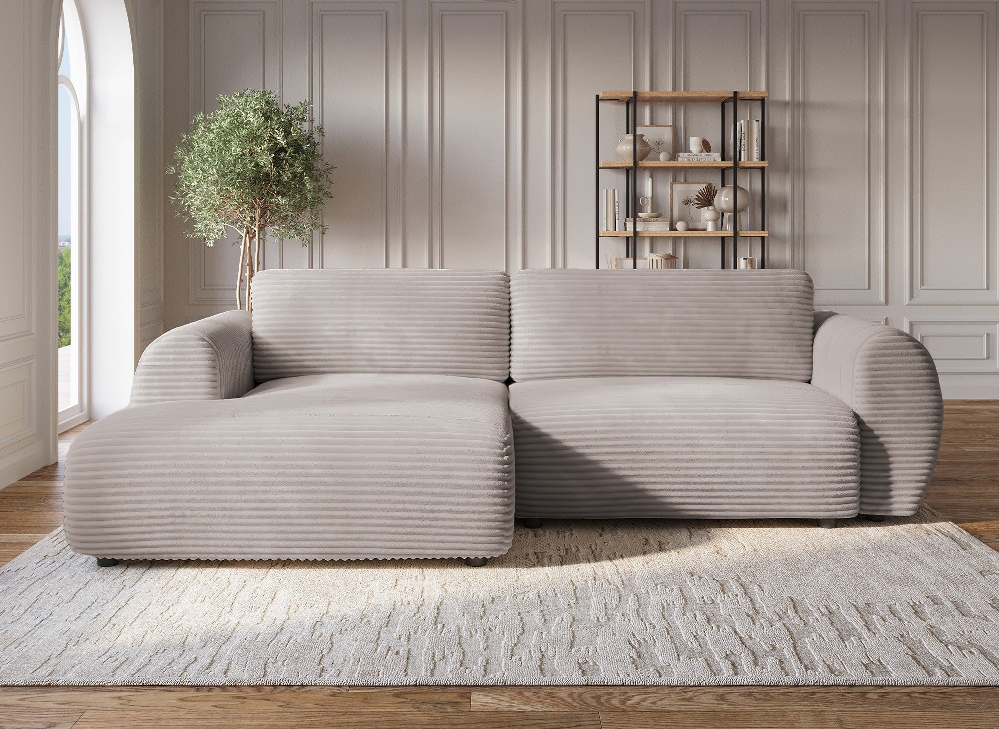 Canapé d'angle convertible avec coffre en velours gros côtelé doux taupe TILDA - Angle gauche