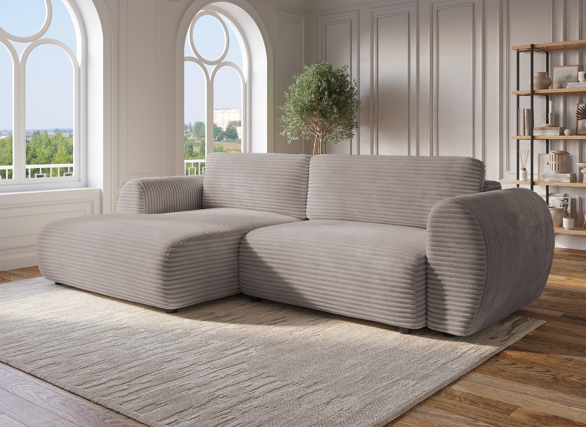 Canapé d'angle convertible avec coffre en velours gros côtelé doux taupe TILDA - Angle gauche