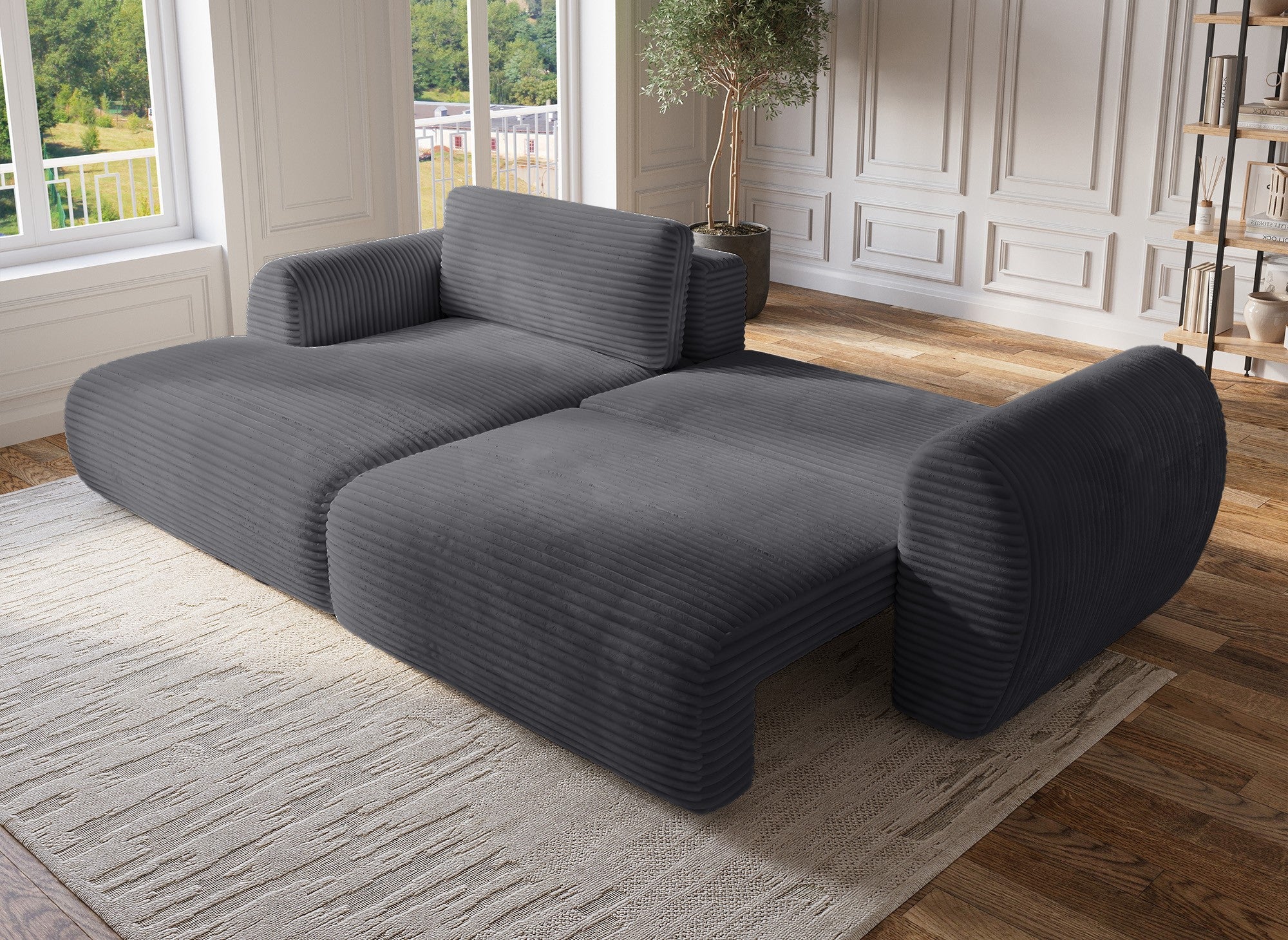 Canapé d'angle convertible avec coffre en velours gros côtelé doux gris TILDA - Angle gauche