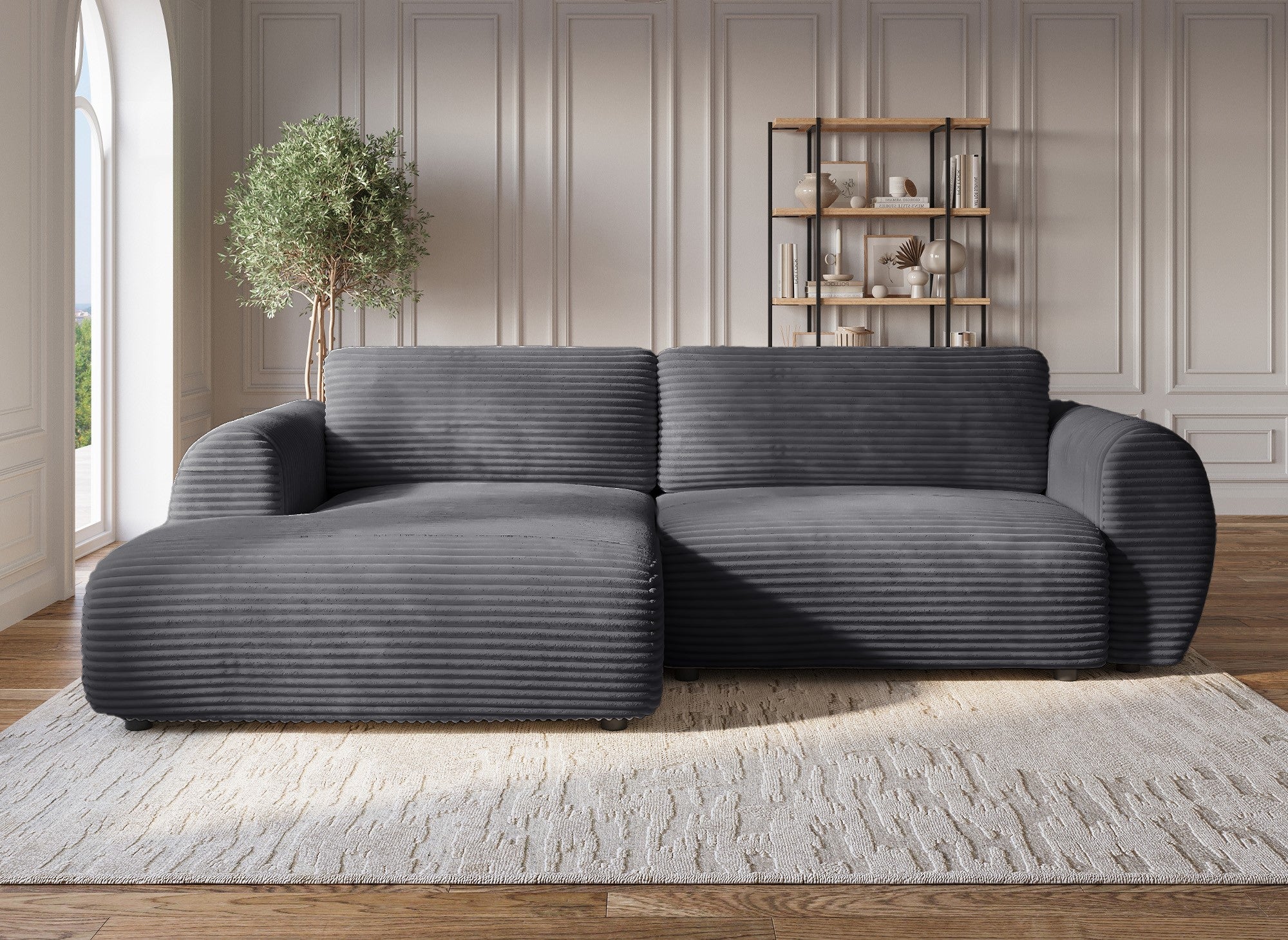 Canapé d'angle convertible avec coffre en velours gros côtelé doux gris TILDA - Angle gauche