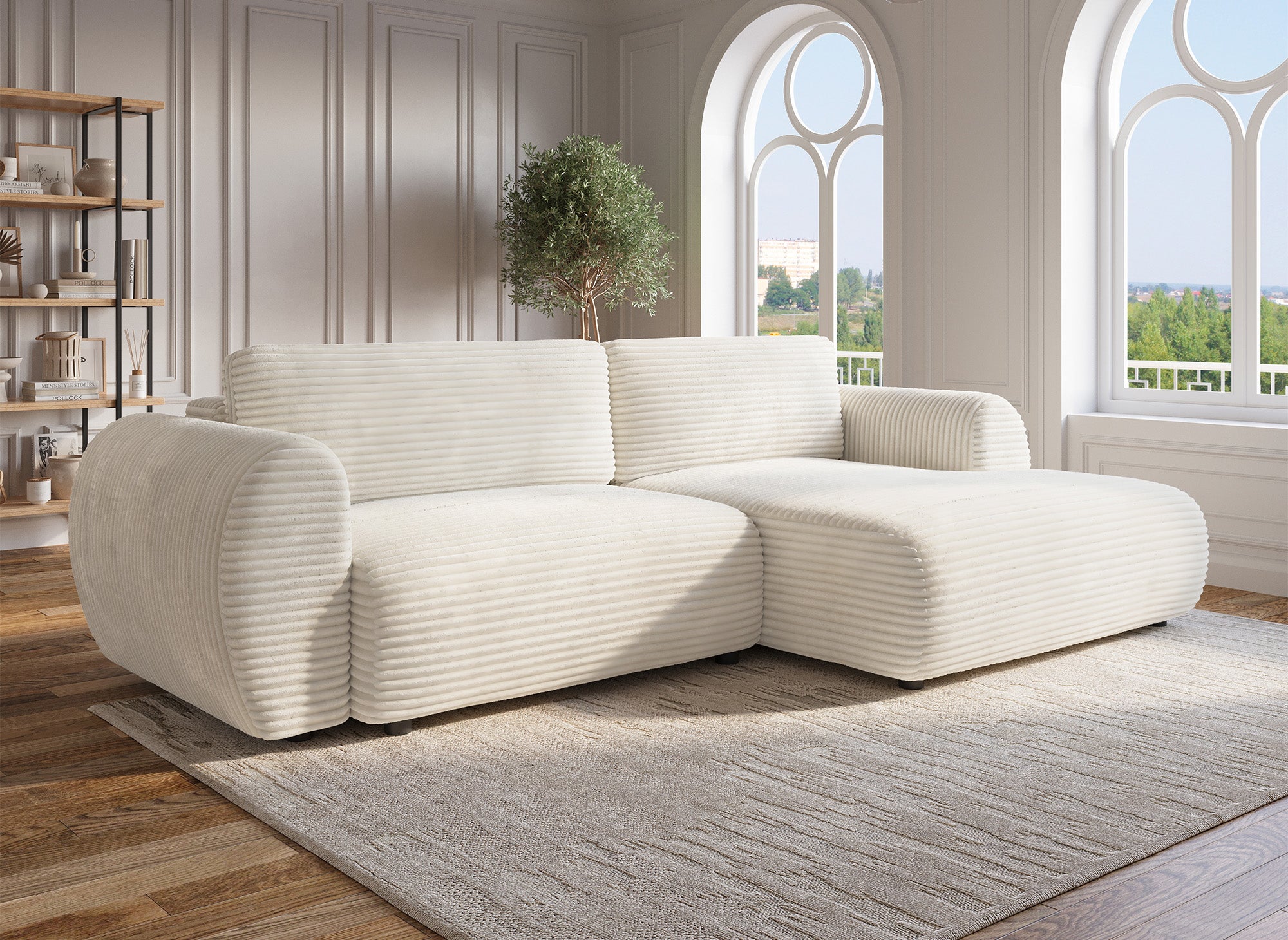 Divano ad angolo trasformabile con cassapanca in morbido velluto a coste grosso beige TILDA - Angolo retto