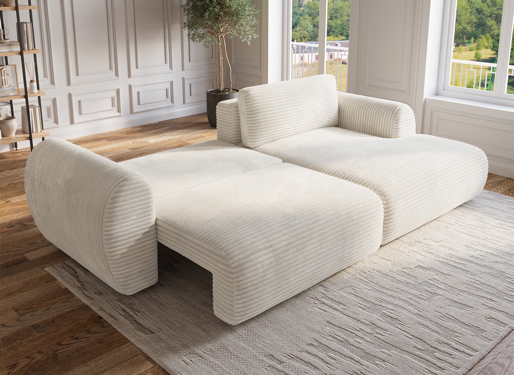 Divano ad angolo trasformabile con cassapanca in morbido velluto a coste grosso beige TILDA - Angolo retto