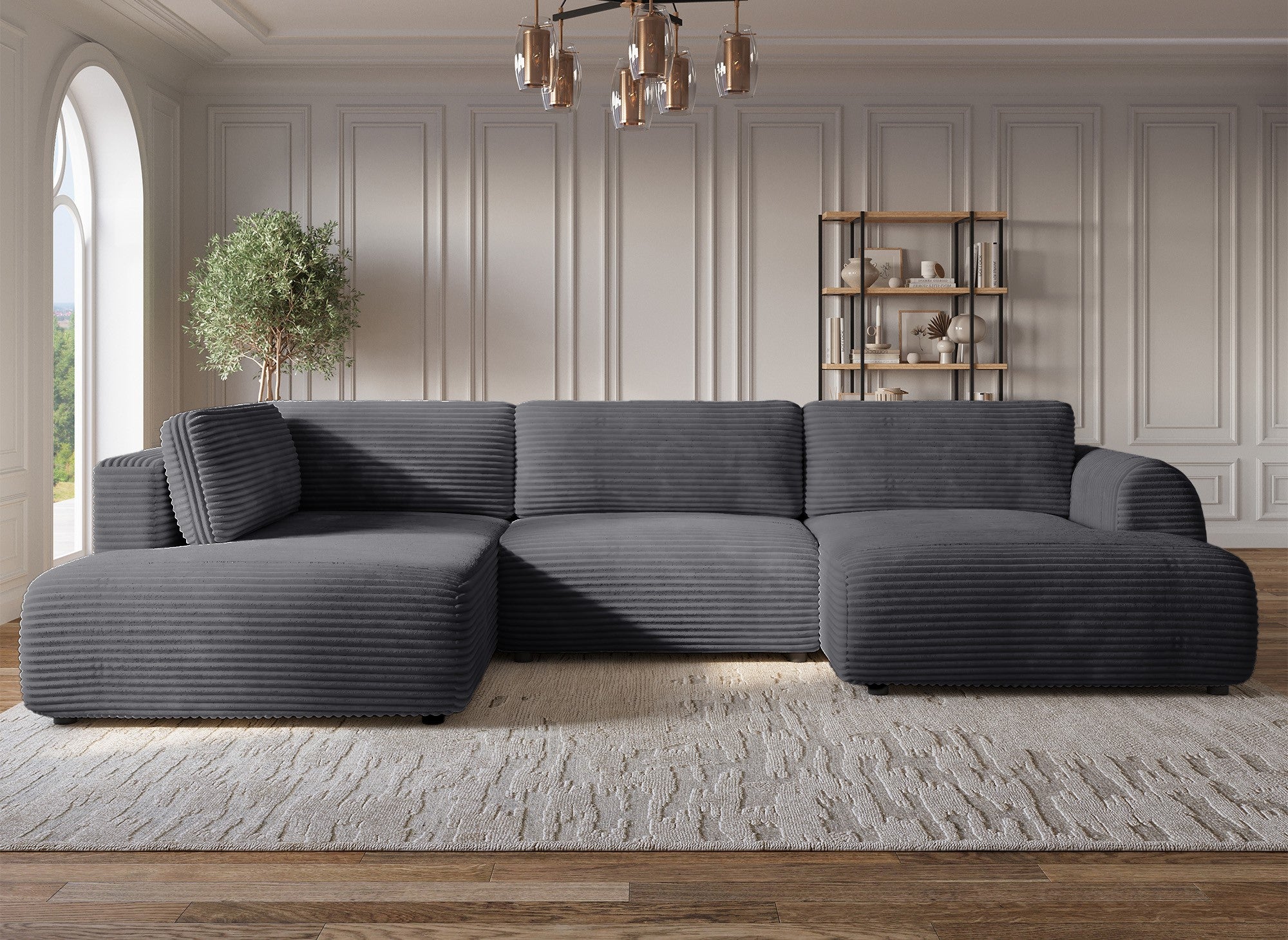 Canapé panoramique convertible avec coffre en velours gros côtelé gris TILDA - Angle gauche