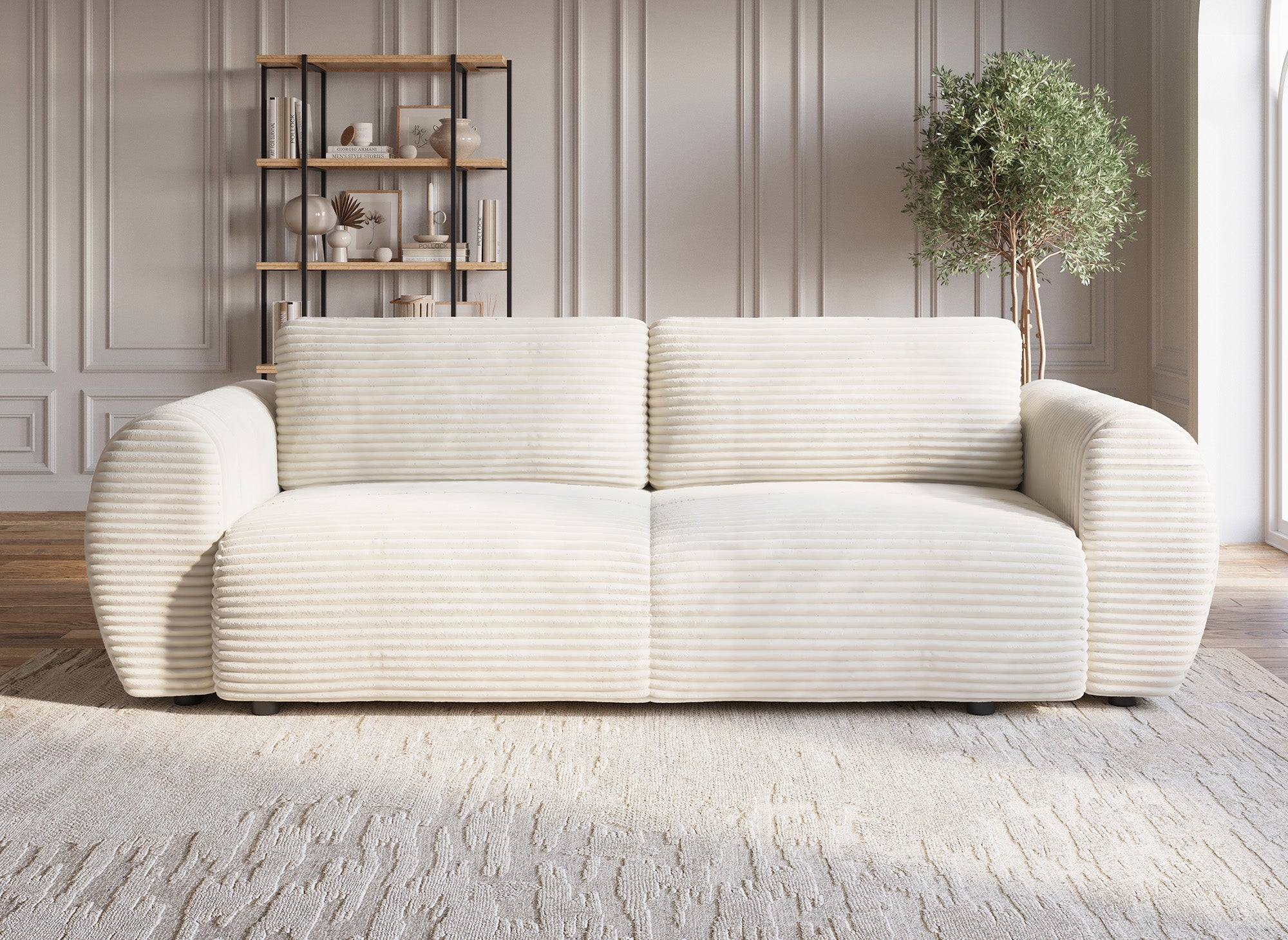 Canapé droit 3 places avec coffre en gros côtelé doux beige TILDA