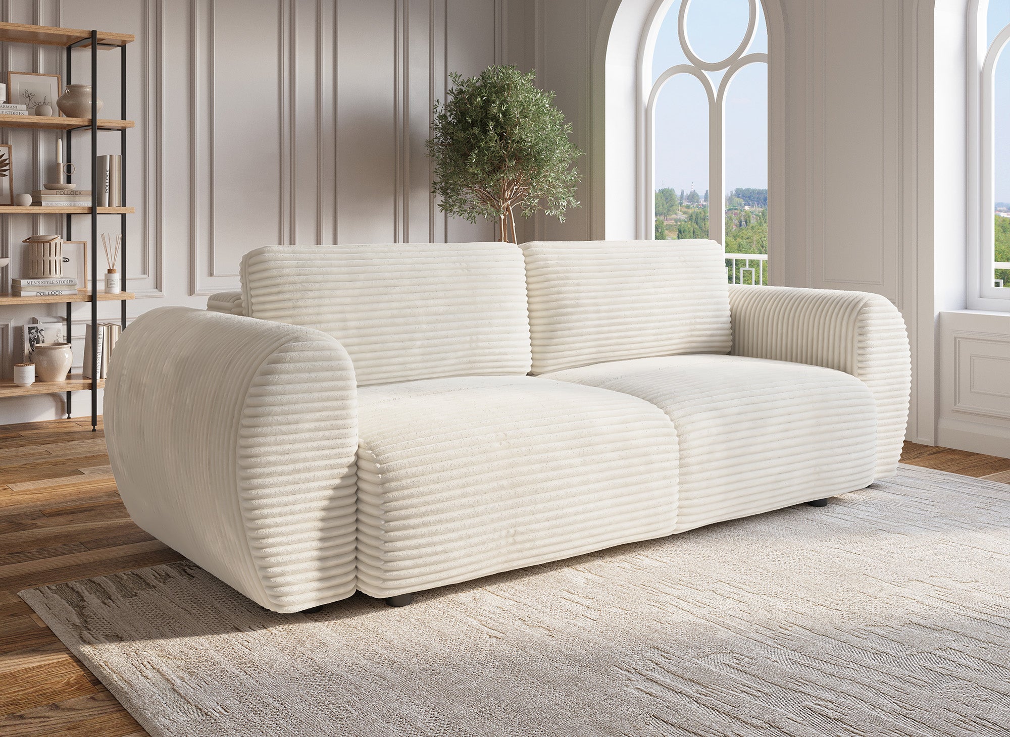 Canapé droit 3 places avec coffre en gros côtelé doux beige TILDA