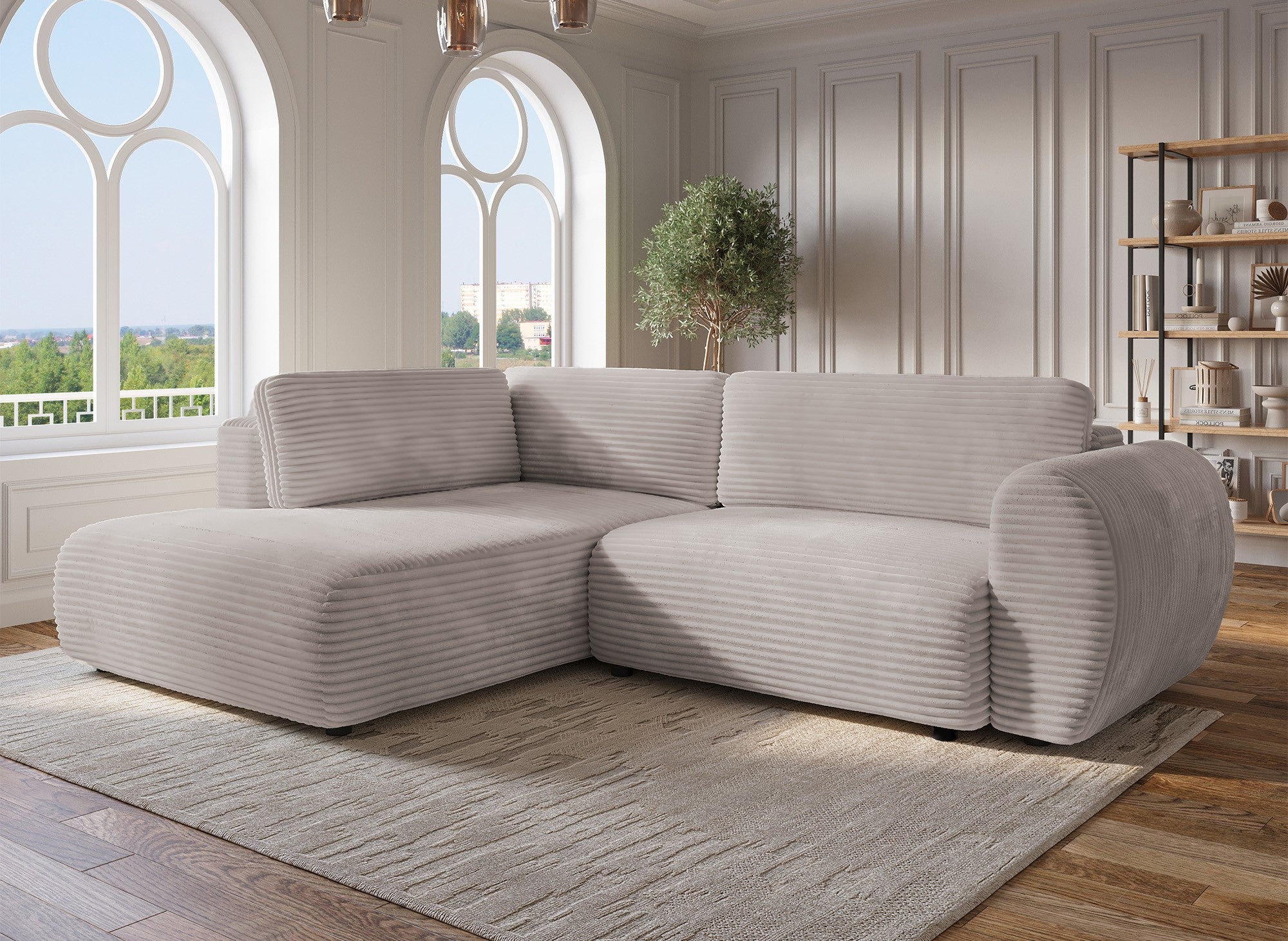 Canapé d'angle convertible avec méridienne et coffre en gros côtelé doux taupe TILDA - Angle gauche