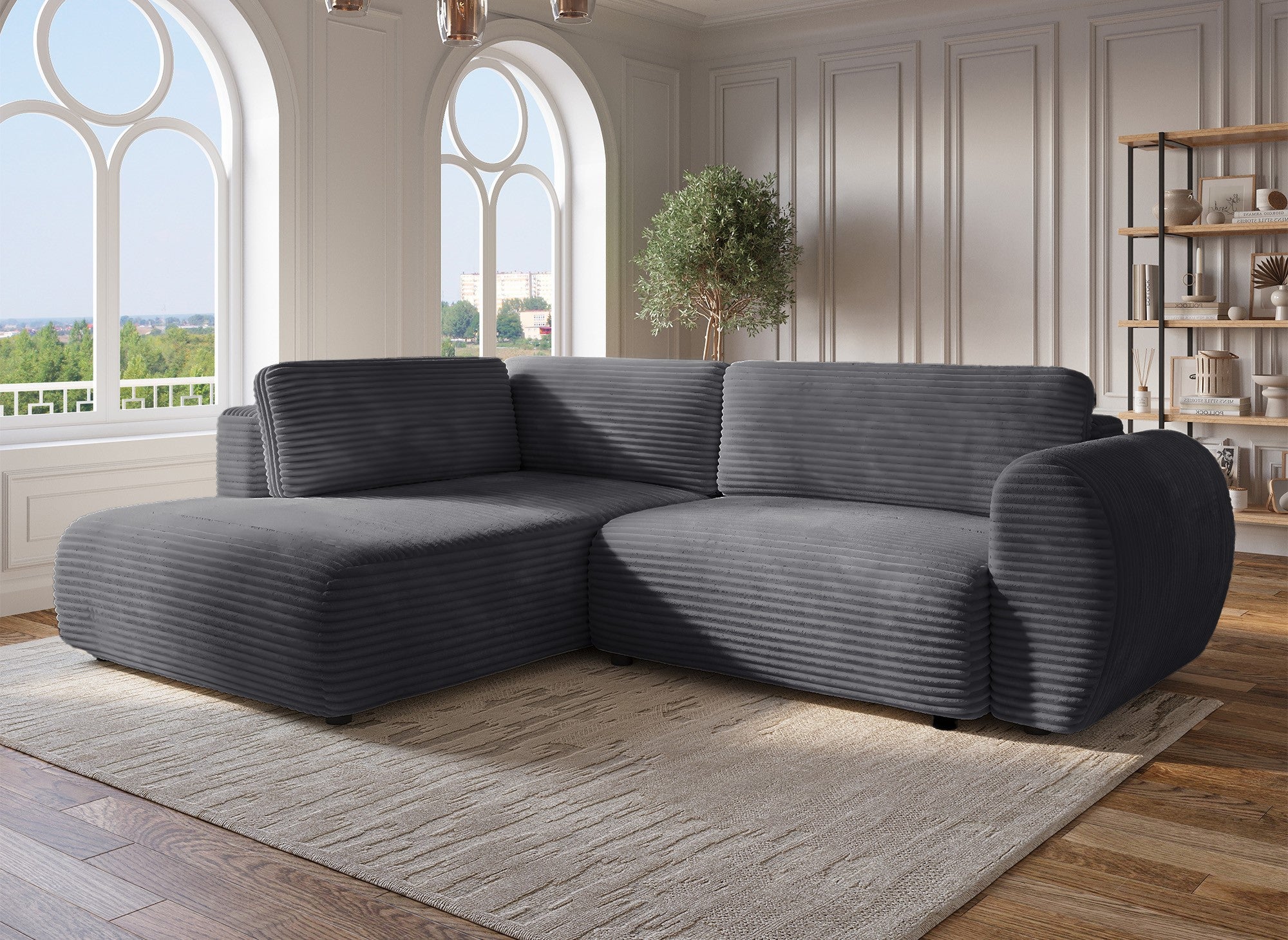 Canapé d'angle convertible avec méridienne et coffre en gros côtelé doux gris TILDA - Angle gauche