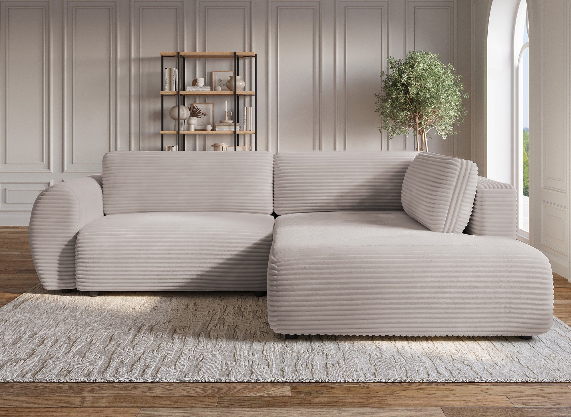 Canapé d'angle convertible avec méridienne et coffre en gros côtelé doux taupe TILDA - Angle droit