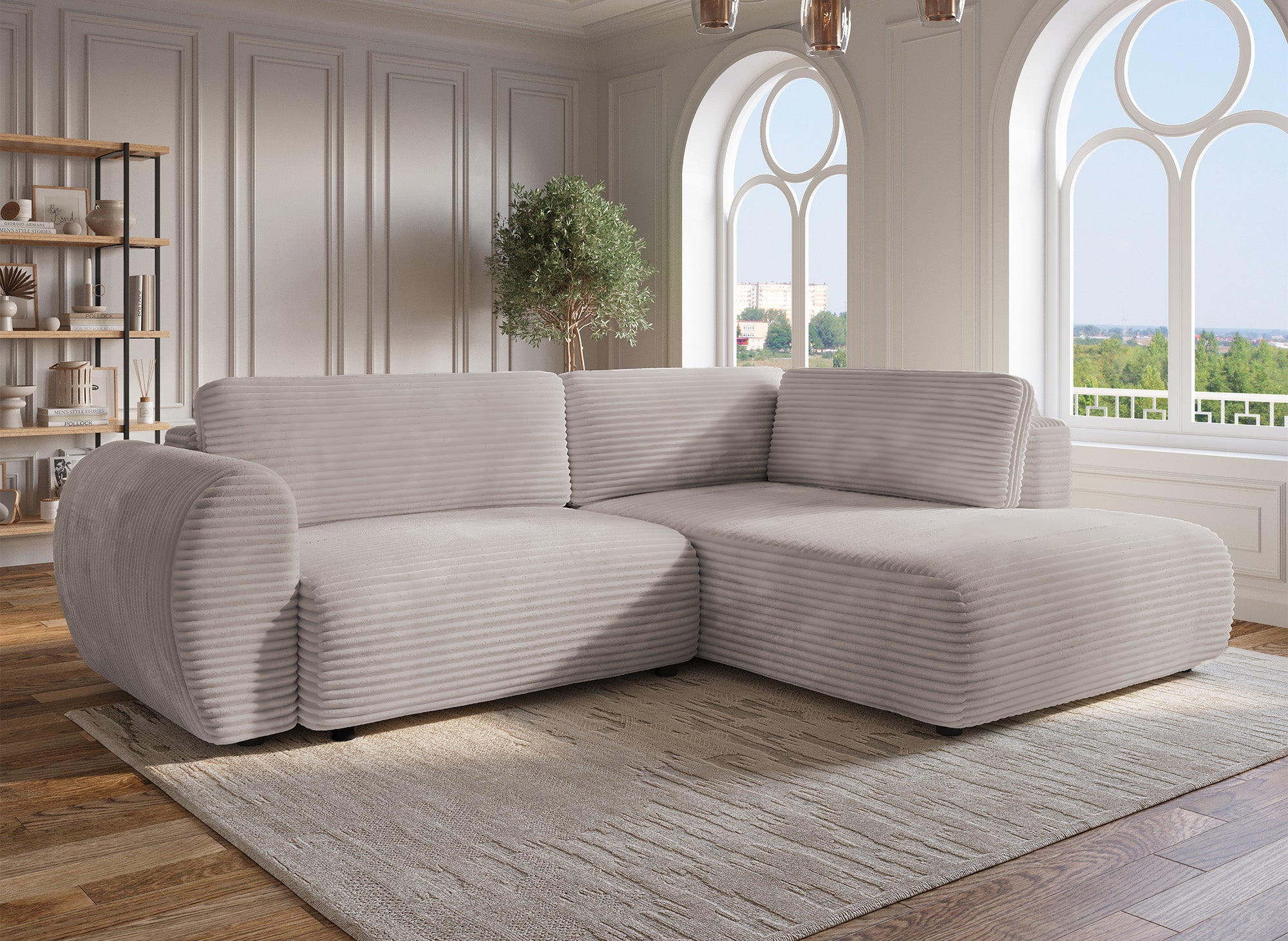 Canapé d'angle convertible avec méridienne et coffre en gros côtelé doux taupe TILDA - Angle droit