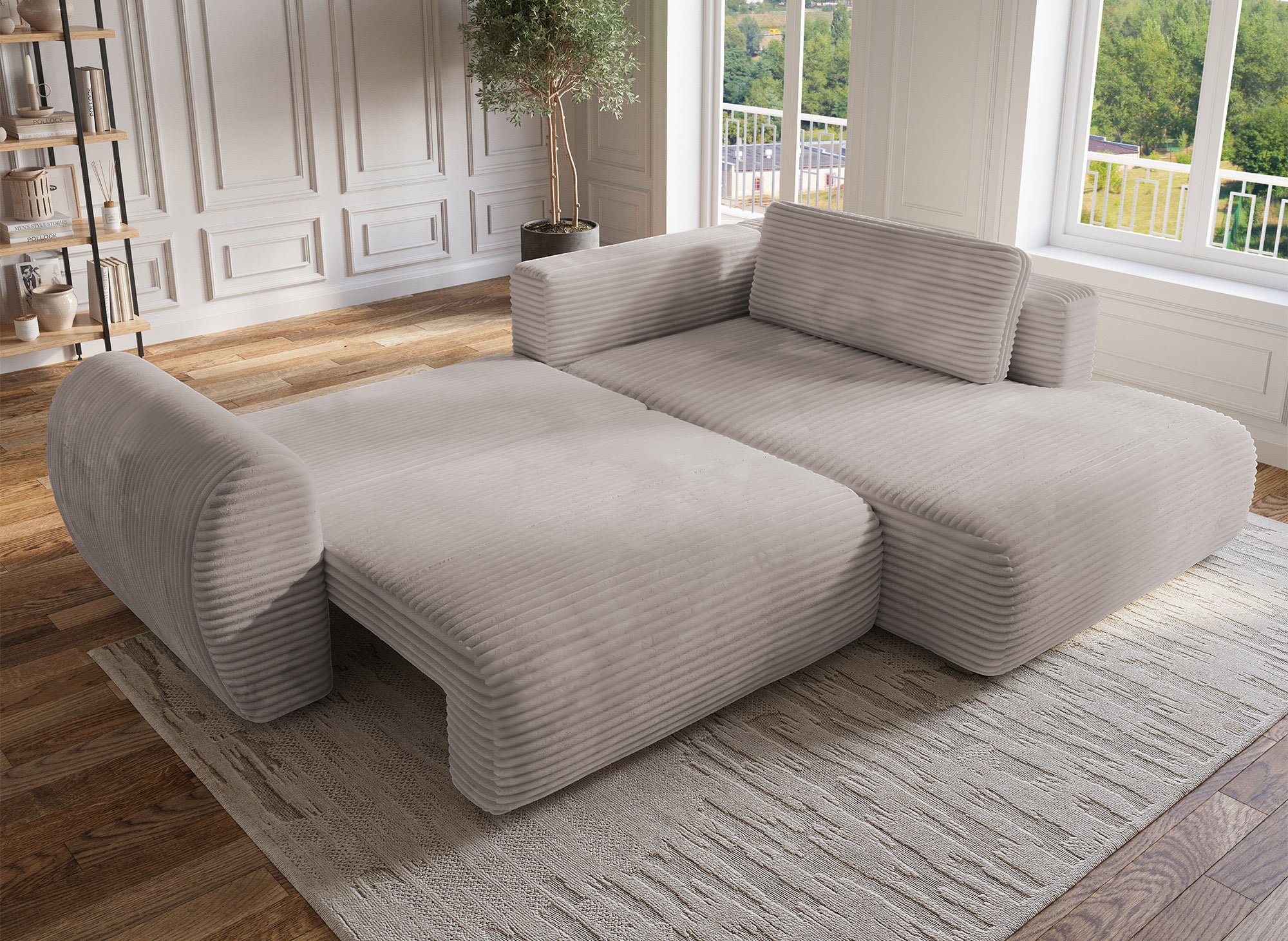 Canapé d'angle convertible avec méridienne et coffre en gros côtelé doux taupe TILDA - Angle droit