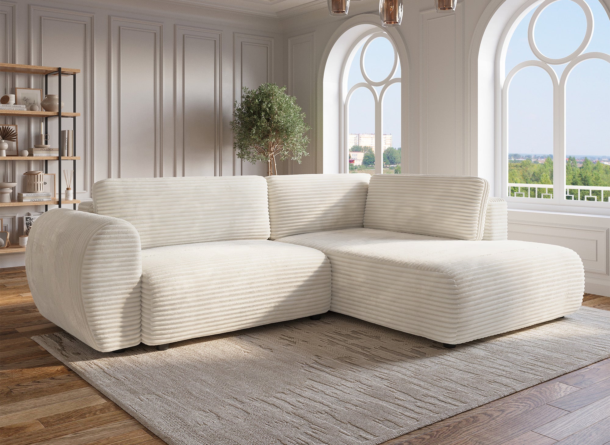 Canapé d'angle convertible avec méridienne et coffre en gros côtelé doux beige TILDA - Angle droit