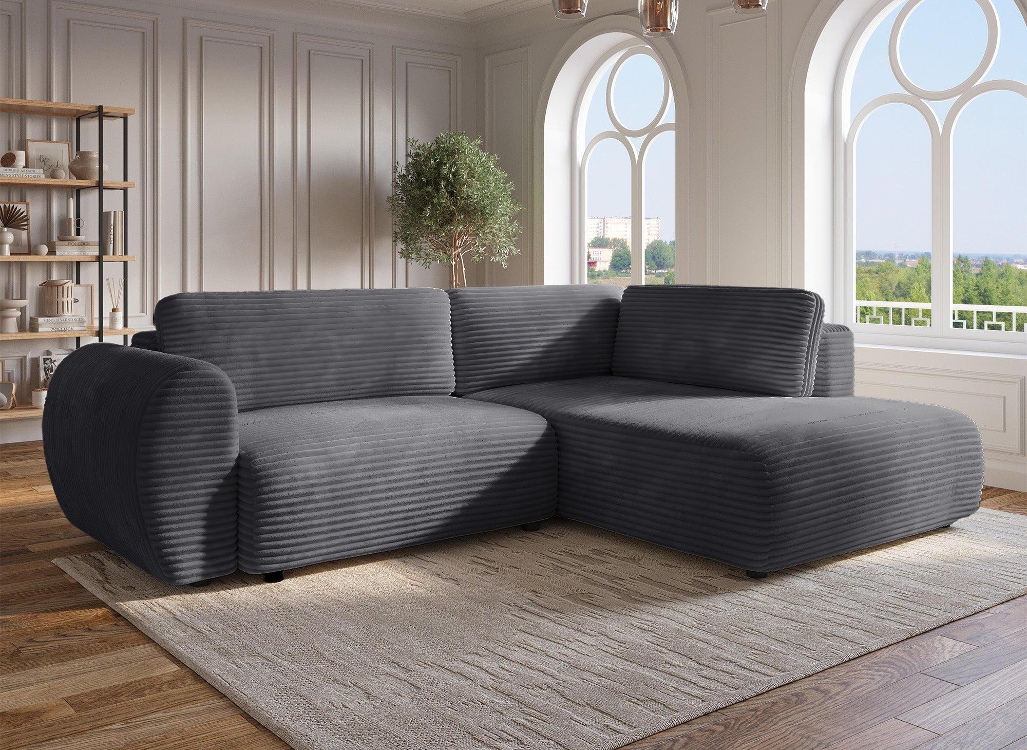 Canapé d'angle convertible avec méridienne et coffre en gros côtelé gris TILDA - Angle droit