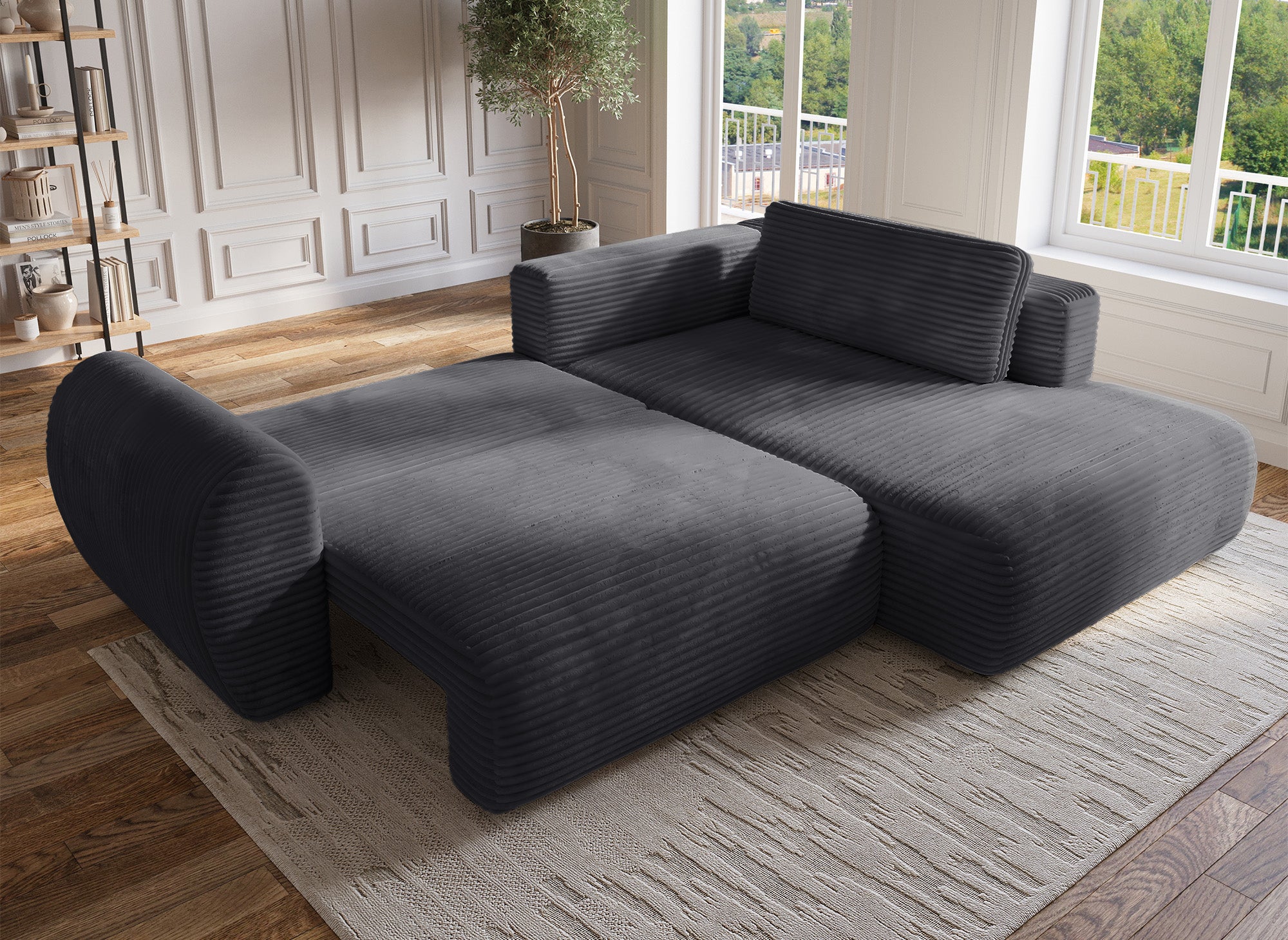 Canapé d'angle convertible avec méridienne et coffre en gros côtelé gris TILDA - Angle droit