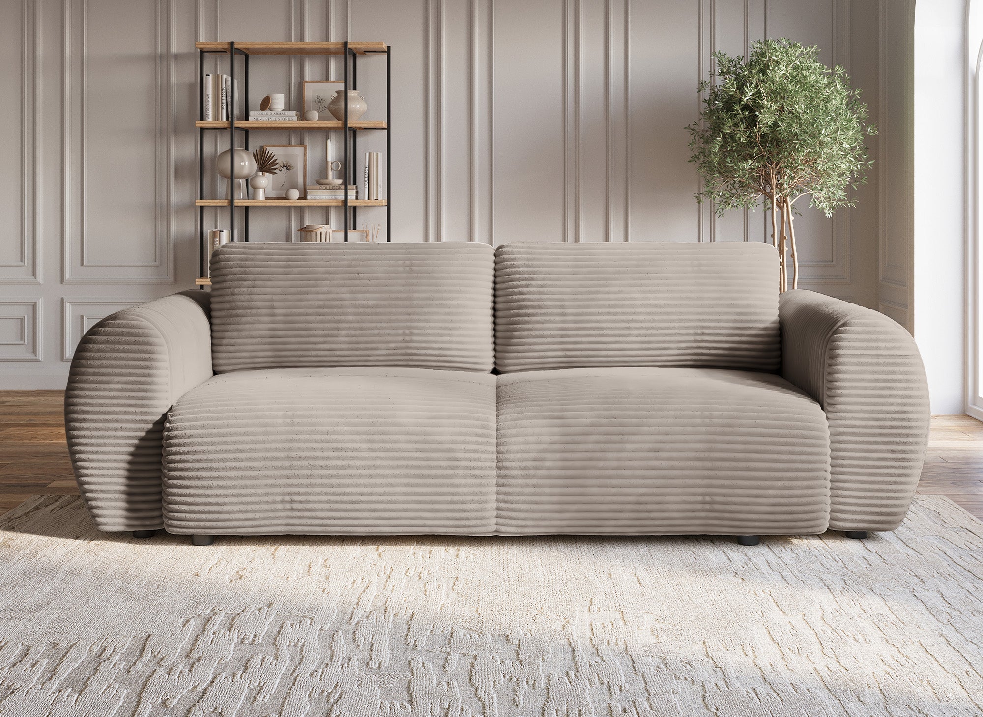 Canapé droit 3 places avec coffre en gros côtelé doux taupe TILDA