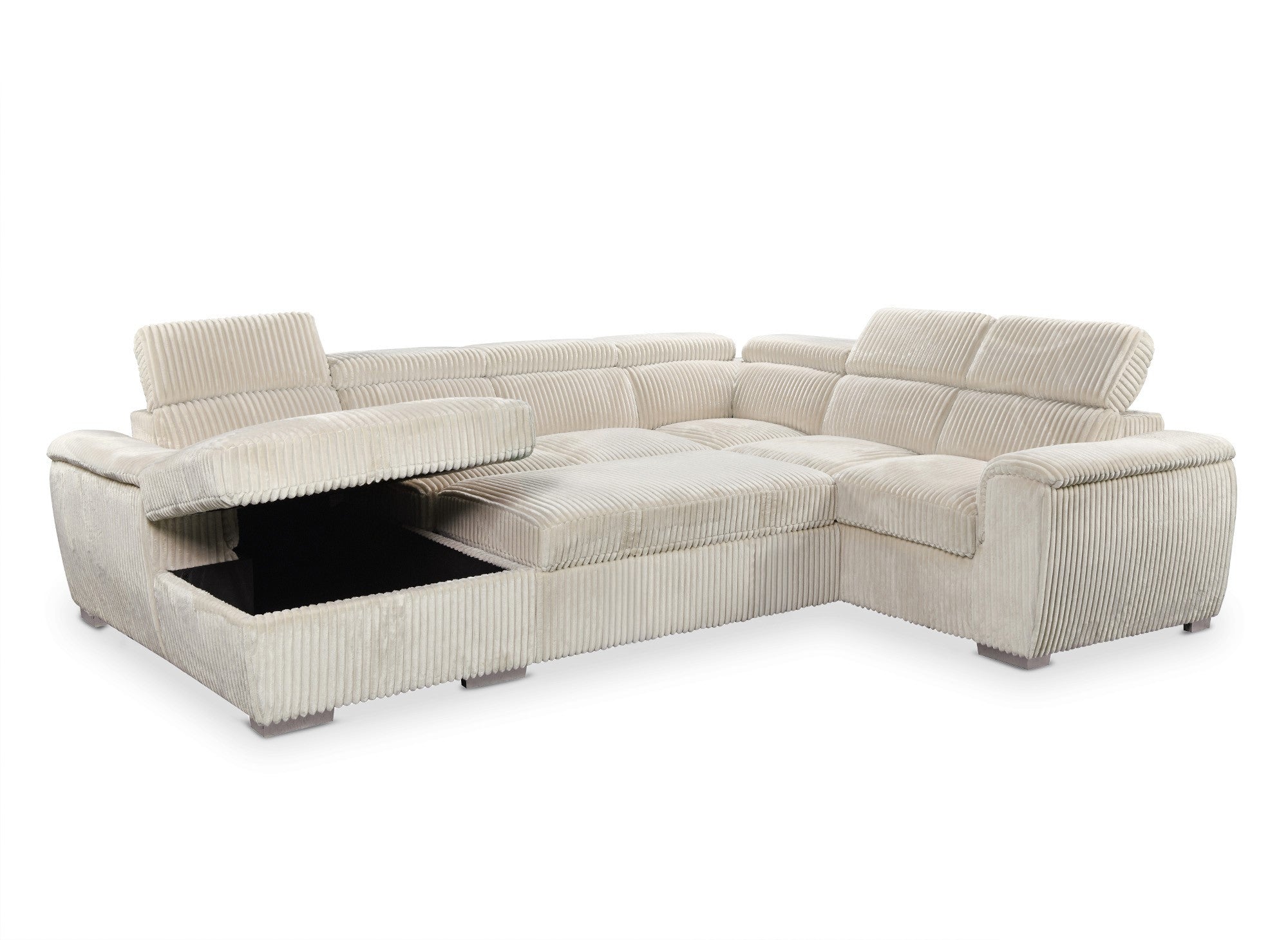 Canapé panoramique convertible avec coffre en velours côtelé épais beige GAELLE - Angle gauche