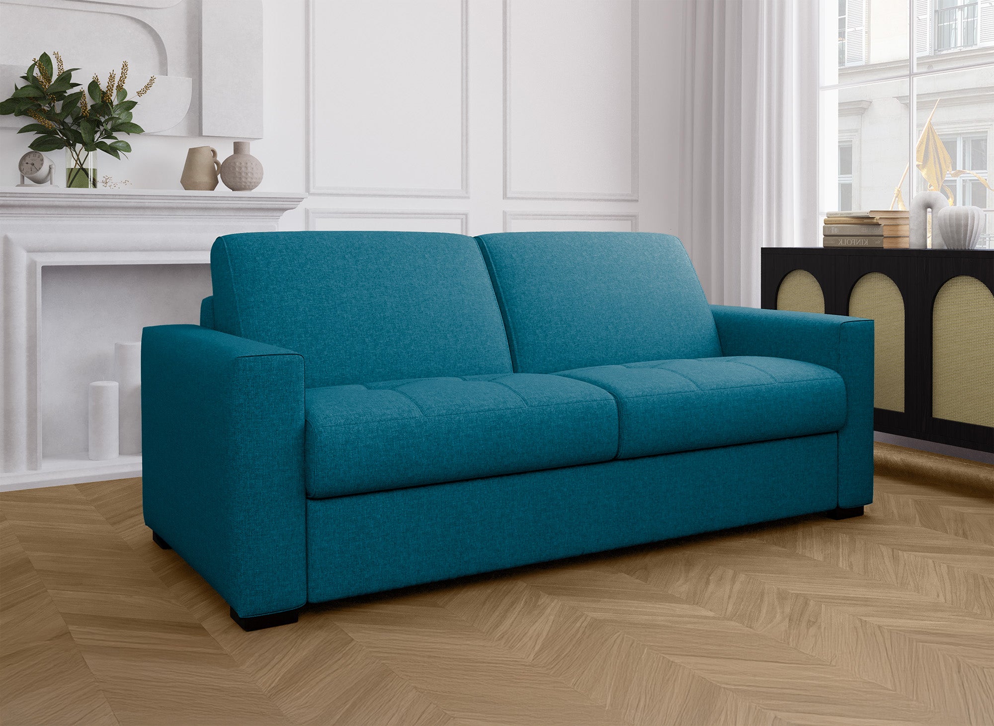 Divano trasformabile Express a 3 posti in tessuto blu petrolio LOUNA