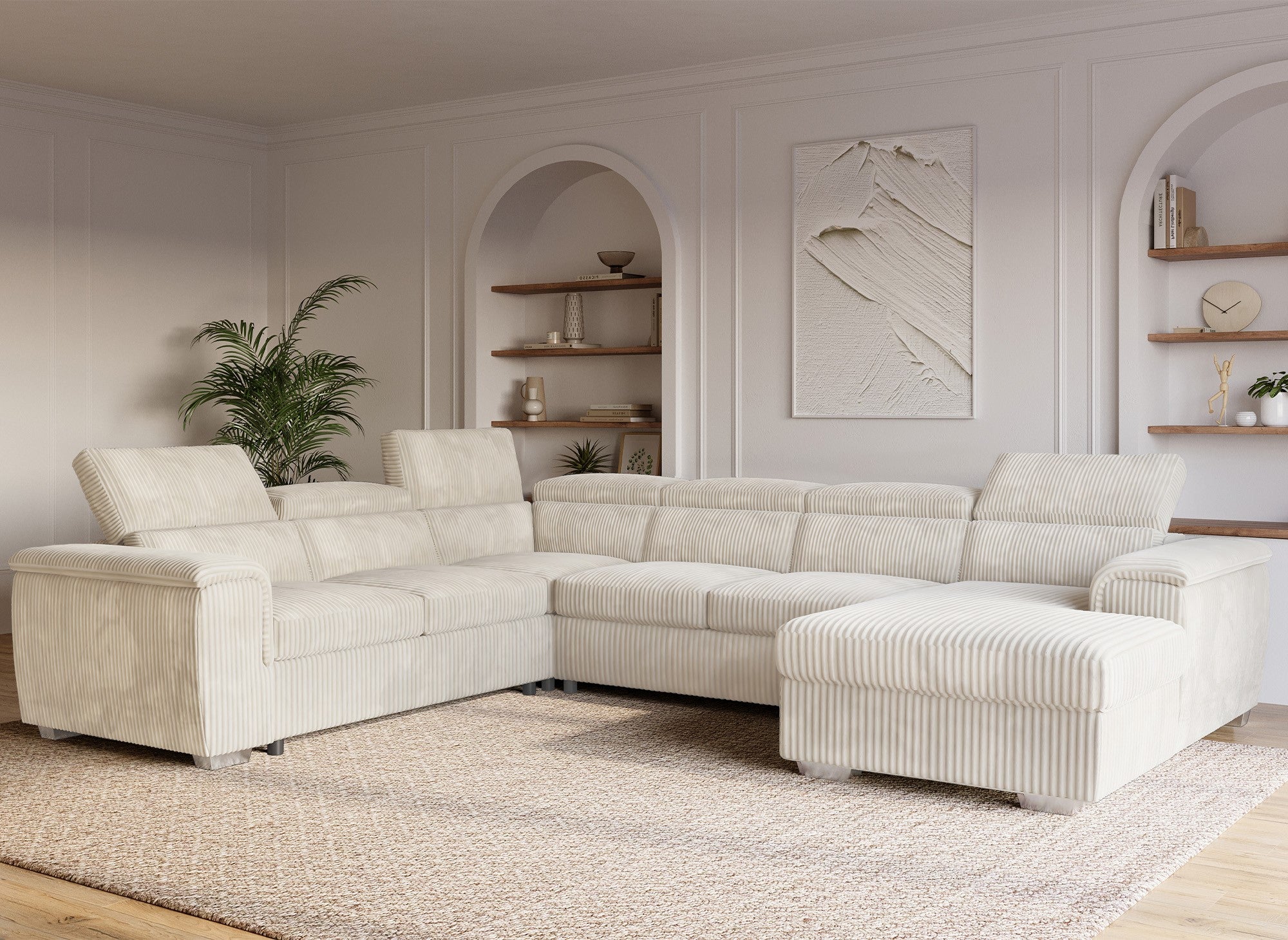 Divano panoramico trasformabile con cassapanca in spesso velluto a coste beige GAELLE - Angolo retto