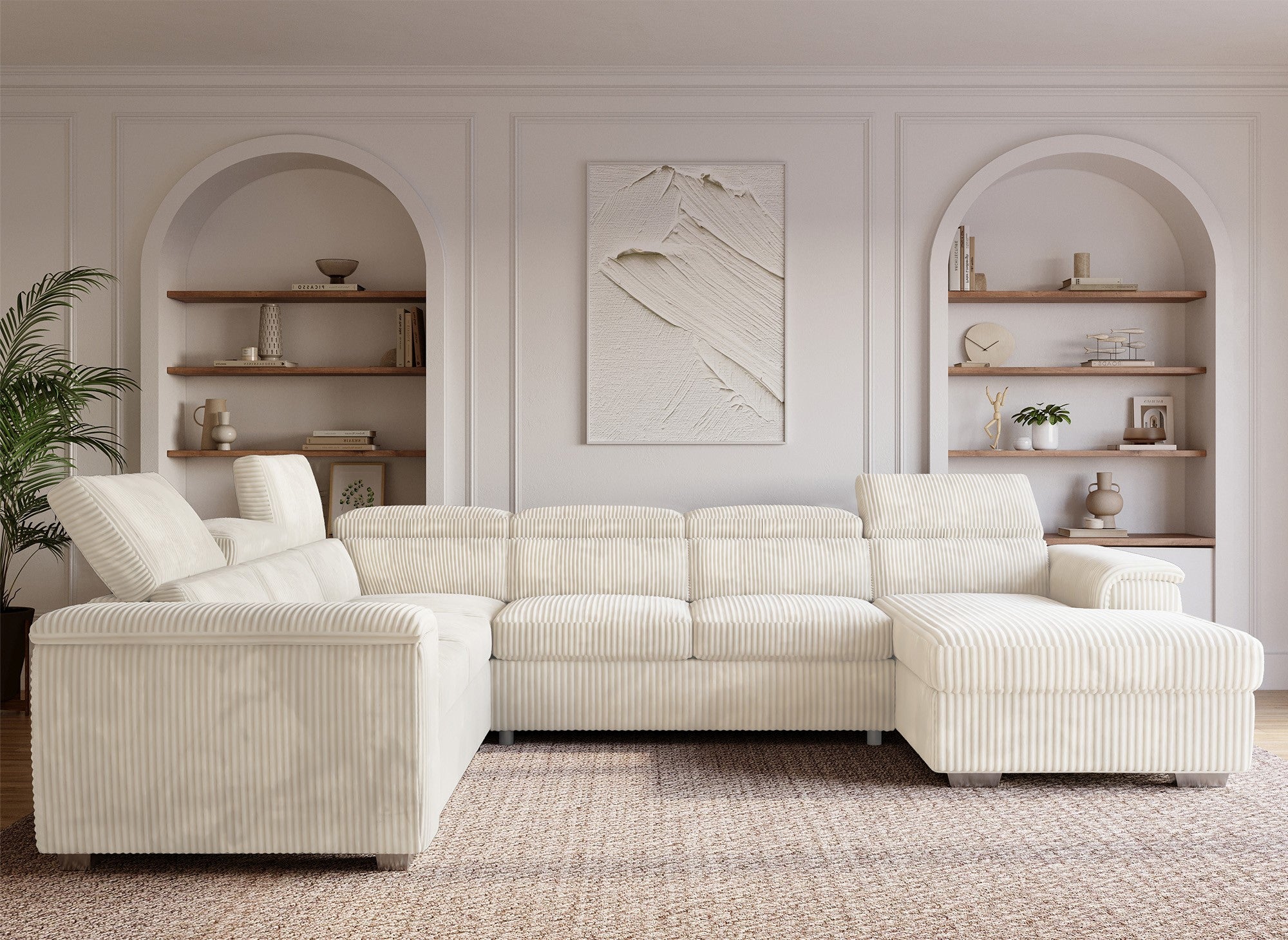 Divano panoramico trasformabile con cassapanca in spesso velluto a coste beige GAELLE - Angolo retto