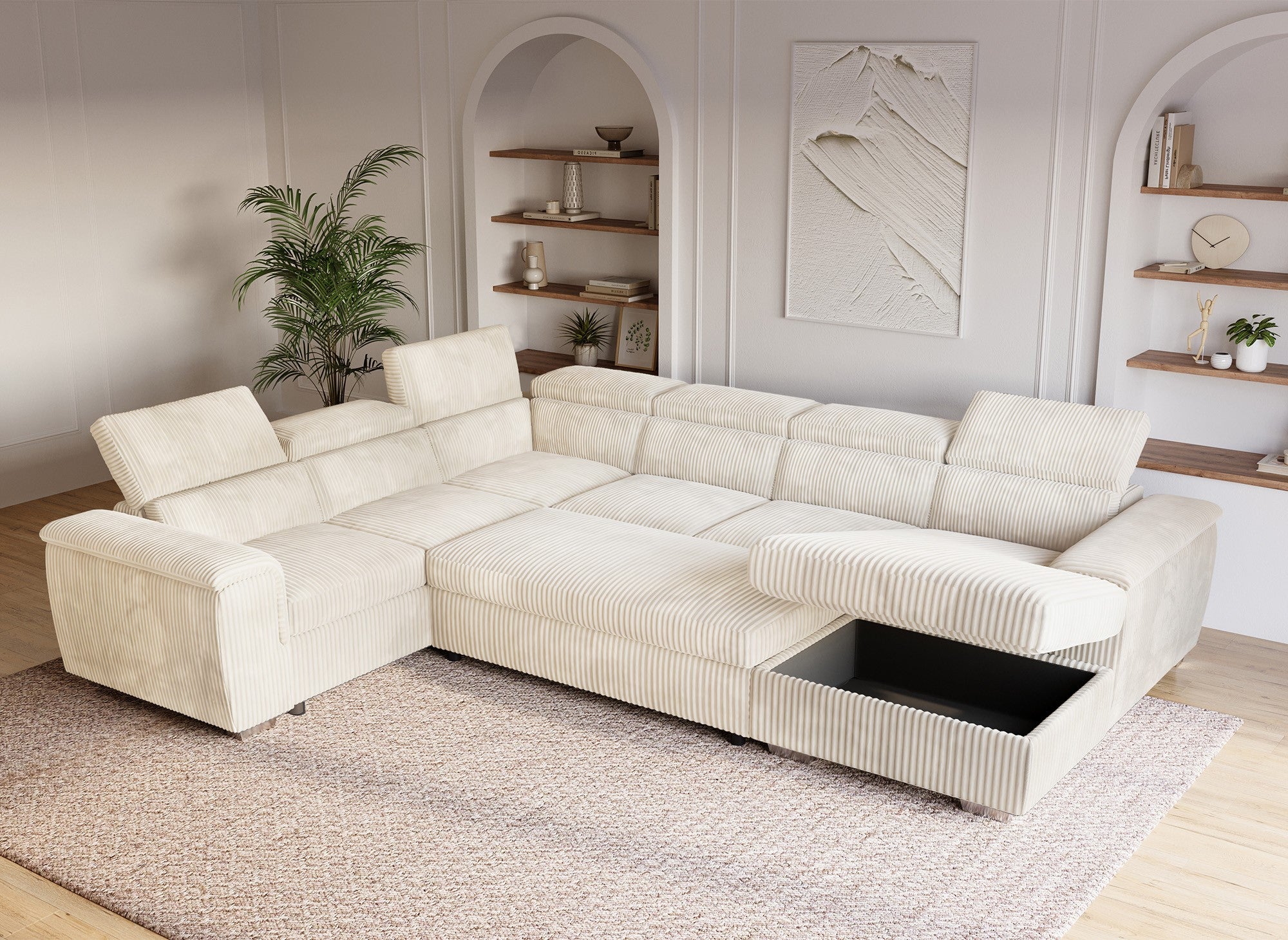 Divano panoramico trasformabile con cassapanca in spesso velluto a coste beige GAELLE - Angolo retto