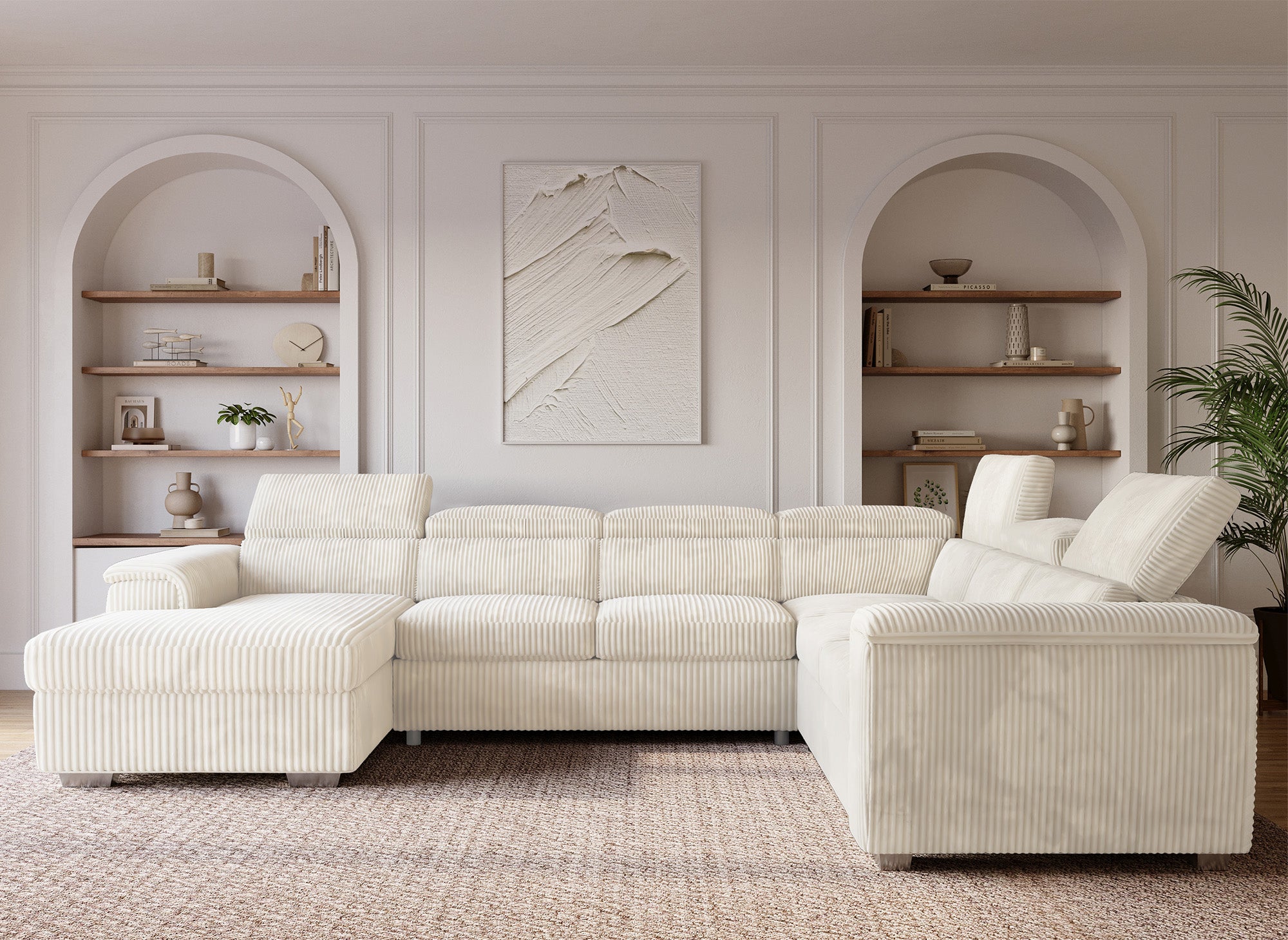 Canapé panoramique convertible avec coffre en velours côtelé épais beige GAELLE - Angle gauche