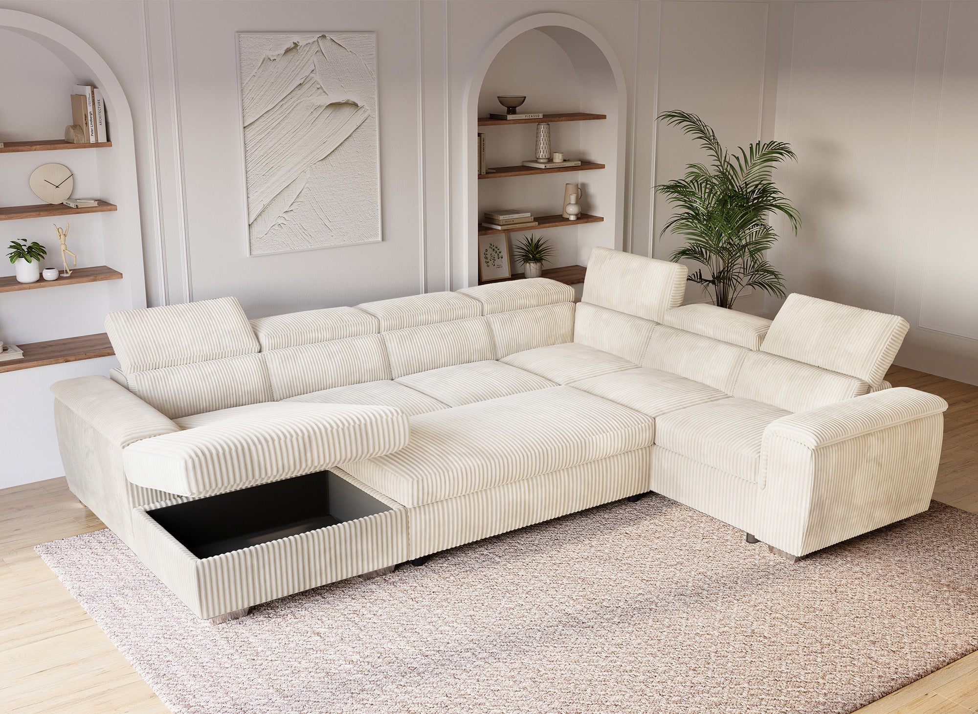 Canapé panoramique convertible avec coffre en velours côtelé épais beige GAELLE - Angle gauche