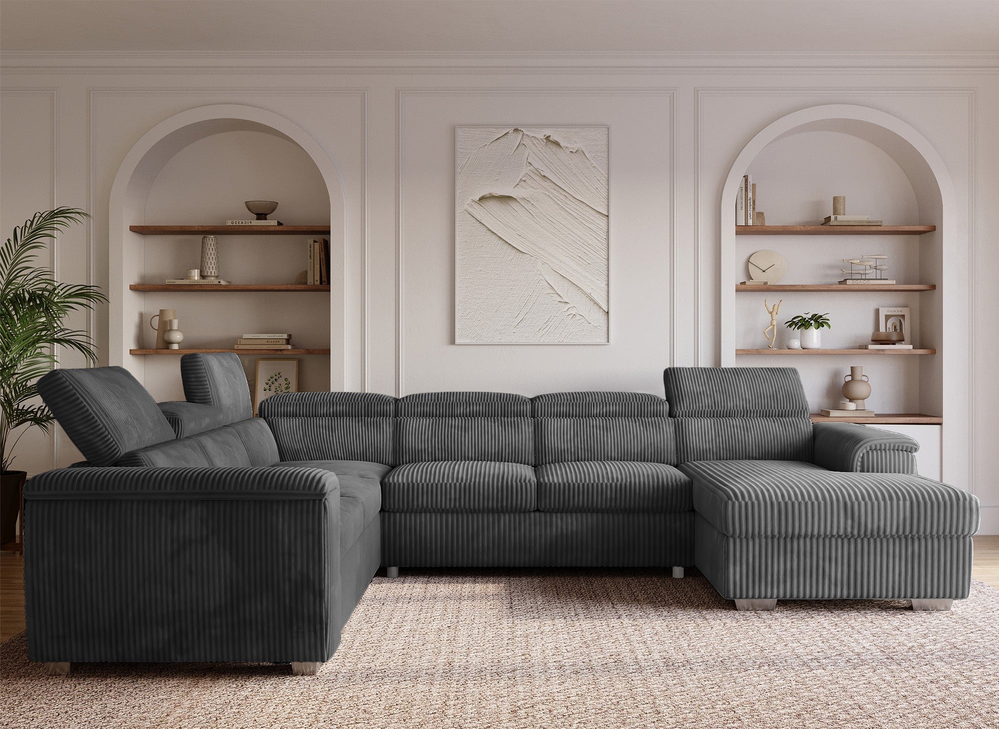 Canapé panoramique convertible avec coffre en velours côtelé épais gris GAELLE - angle droit