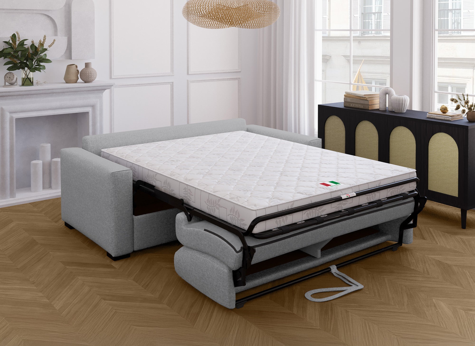 Canapé convertible 3 places LOUNA en tissu gris ouverture express