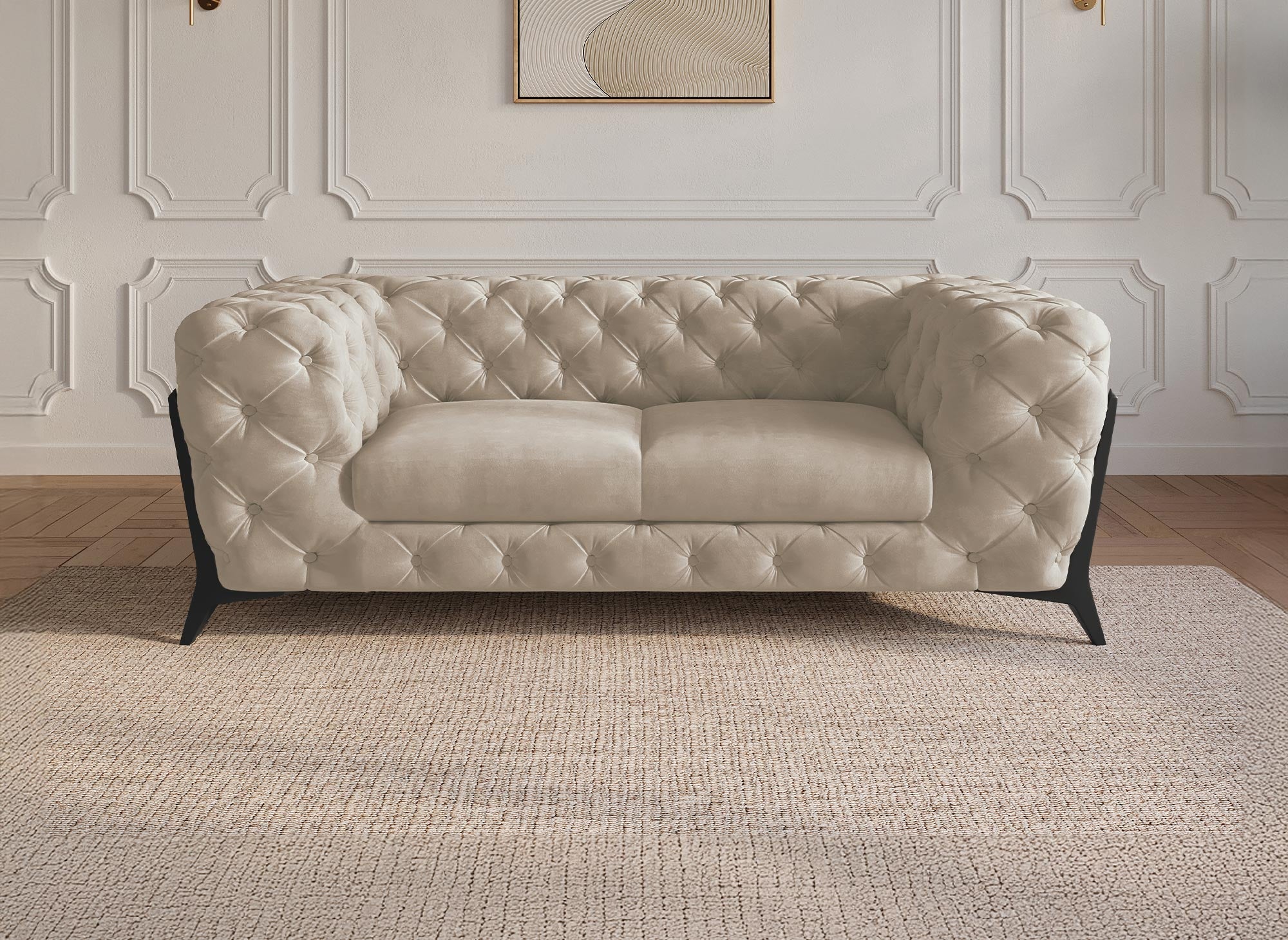 Canapé 2 places capitonné chesterfield velours beige CARMEN