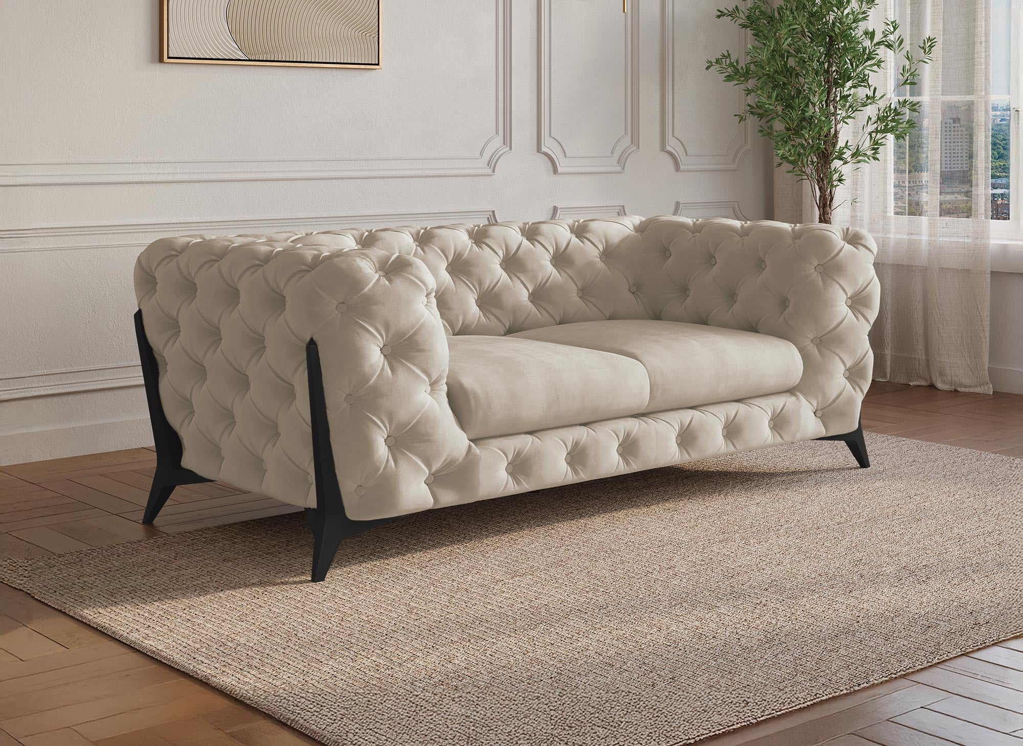 Canapé 2 places capitonné chesterfield velours beige CARMEN