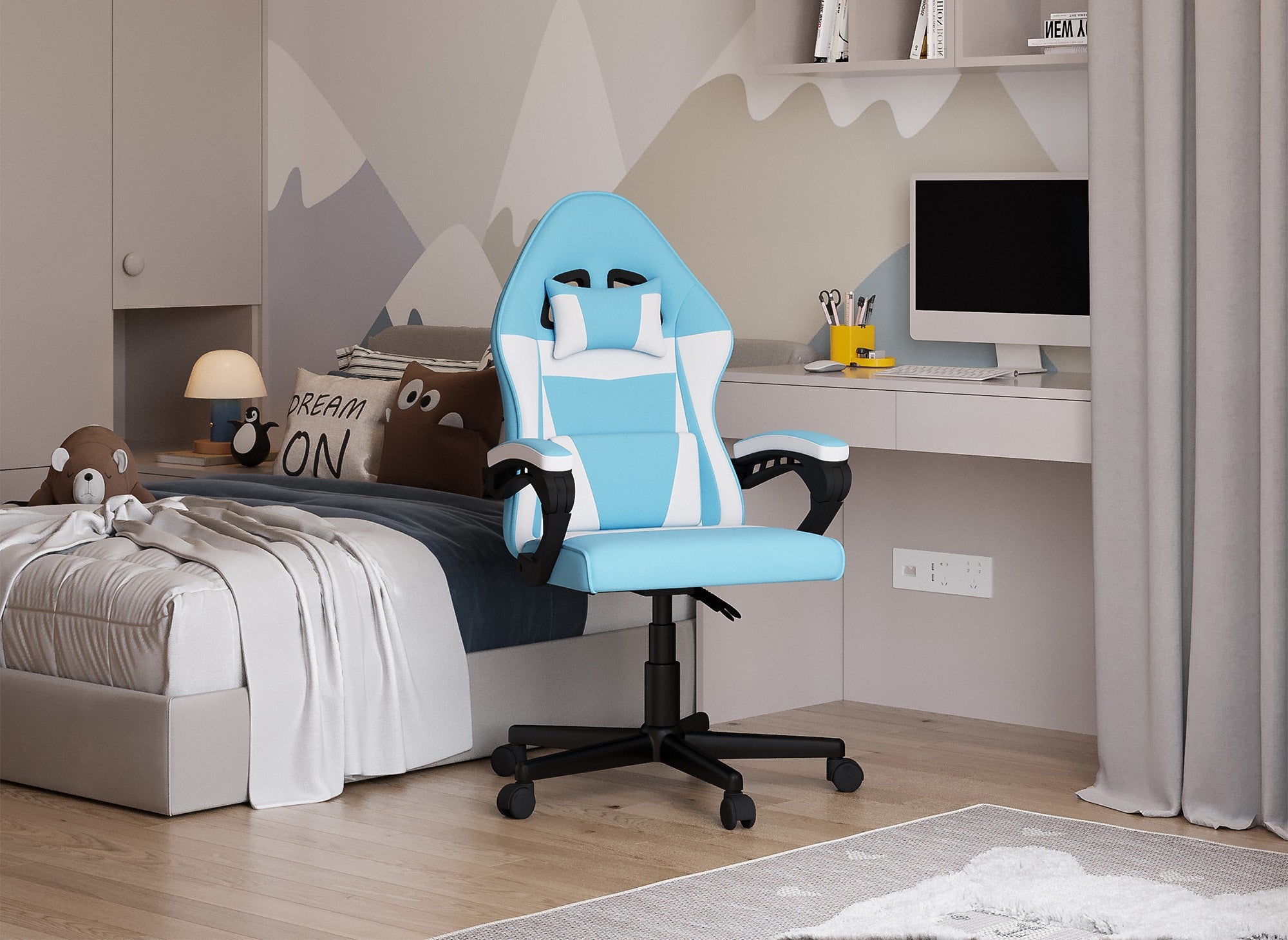 Fauteuil de bureau en tissu bleu et blanc GHOST