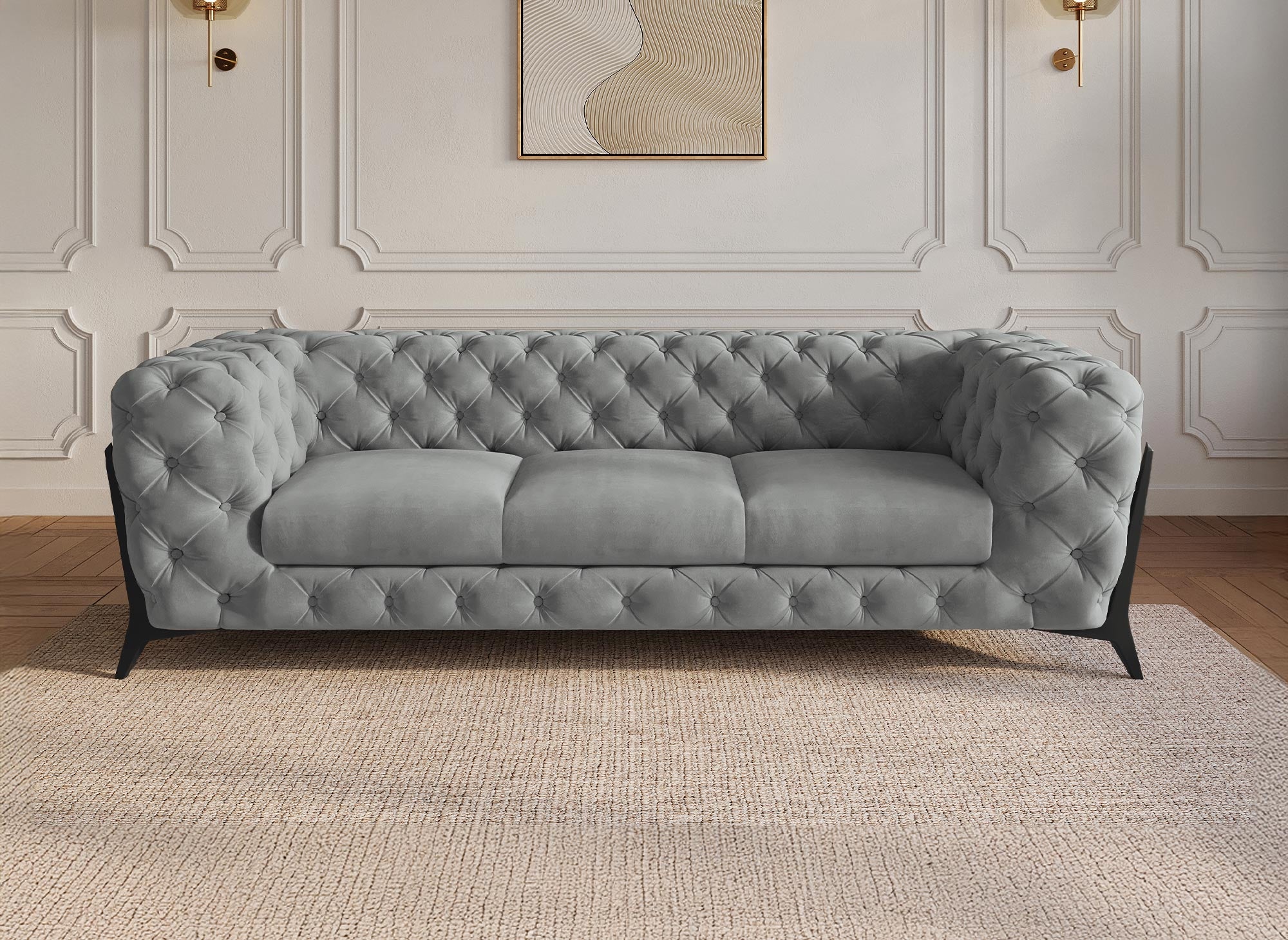 Canapé 3 places capitonné chesterfield velours gris CARMEN