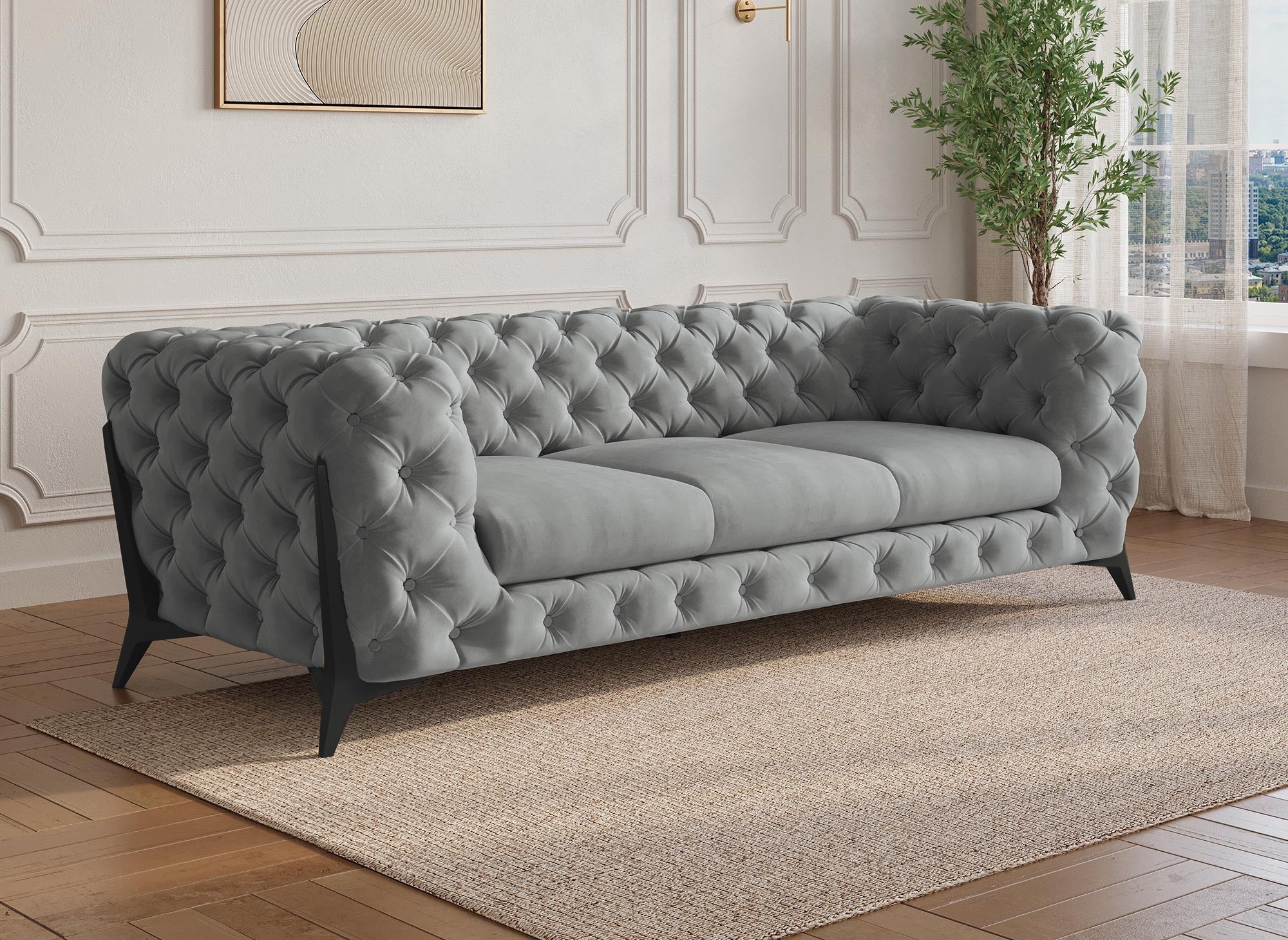 Canapé 3 places capitonné chesterfield velours gris CARMEN