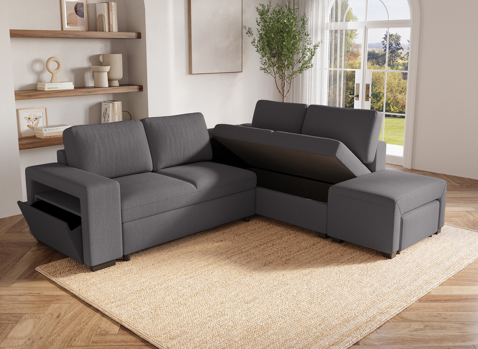 Divano angolare trasformabile in tessuto grigio scuro ALBAN - Angolo retto