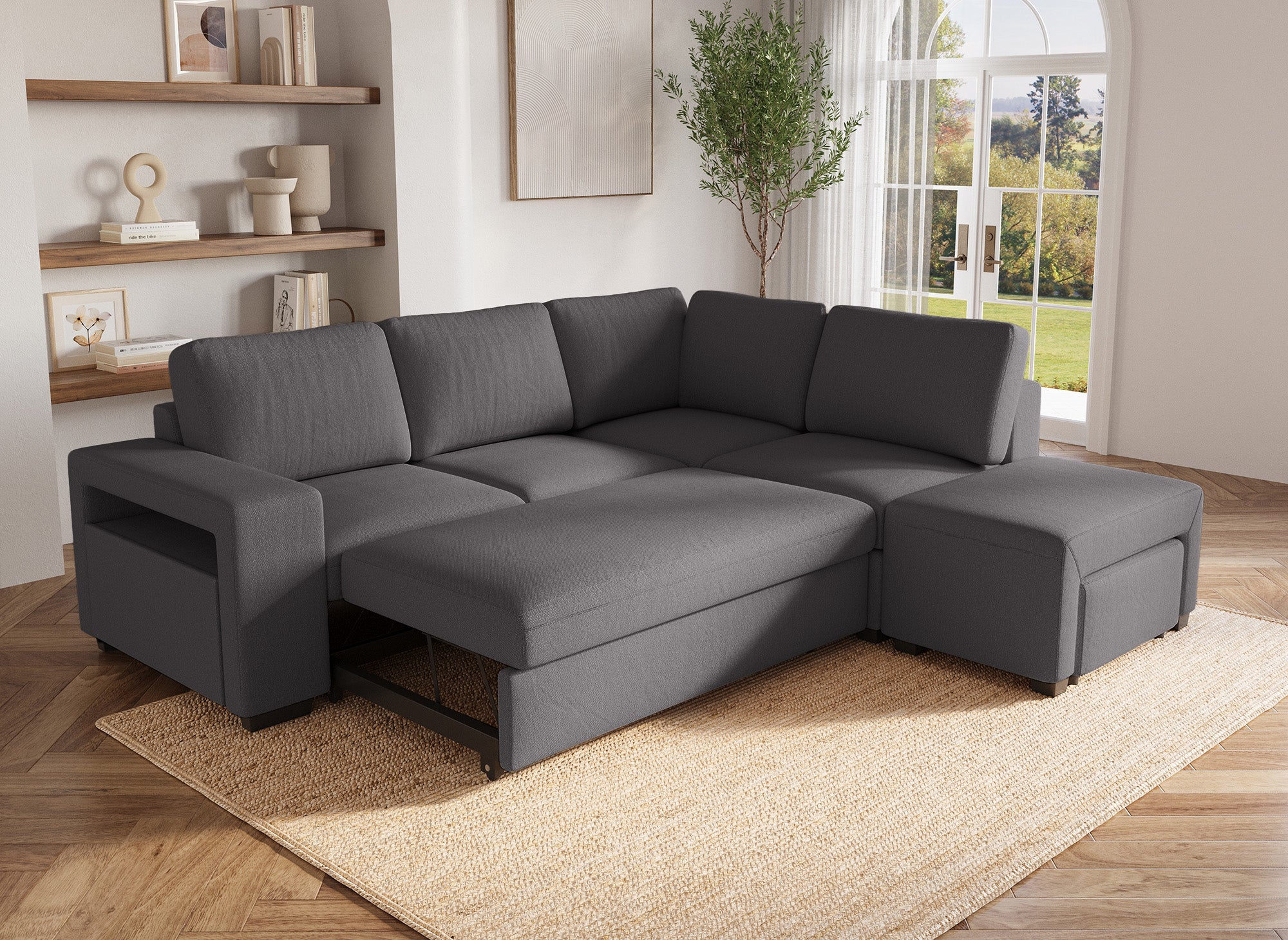 Divano angolare trasformabile in tessuto grigio scuro ALBAN - Angolo retto