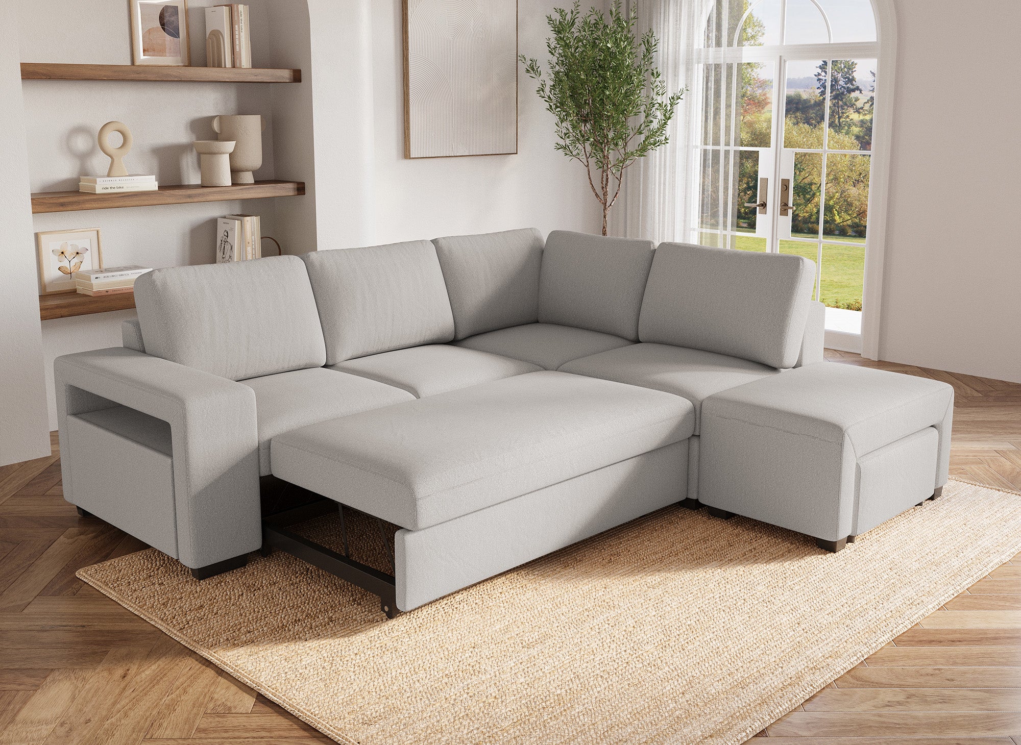 Canapé d'angle convertible en tissu beige ALBAN - Angle droit